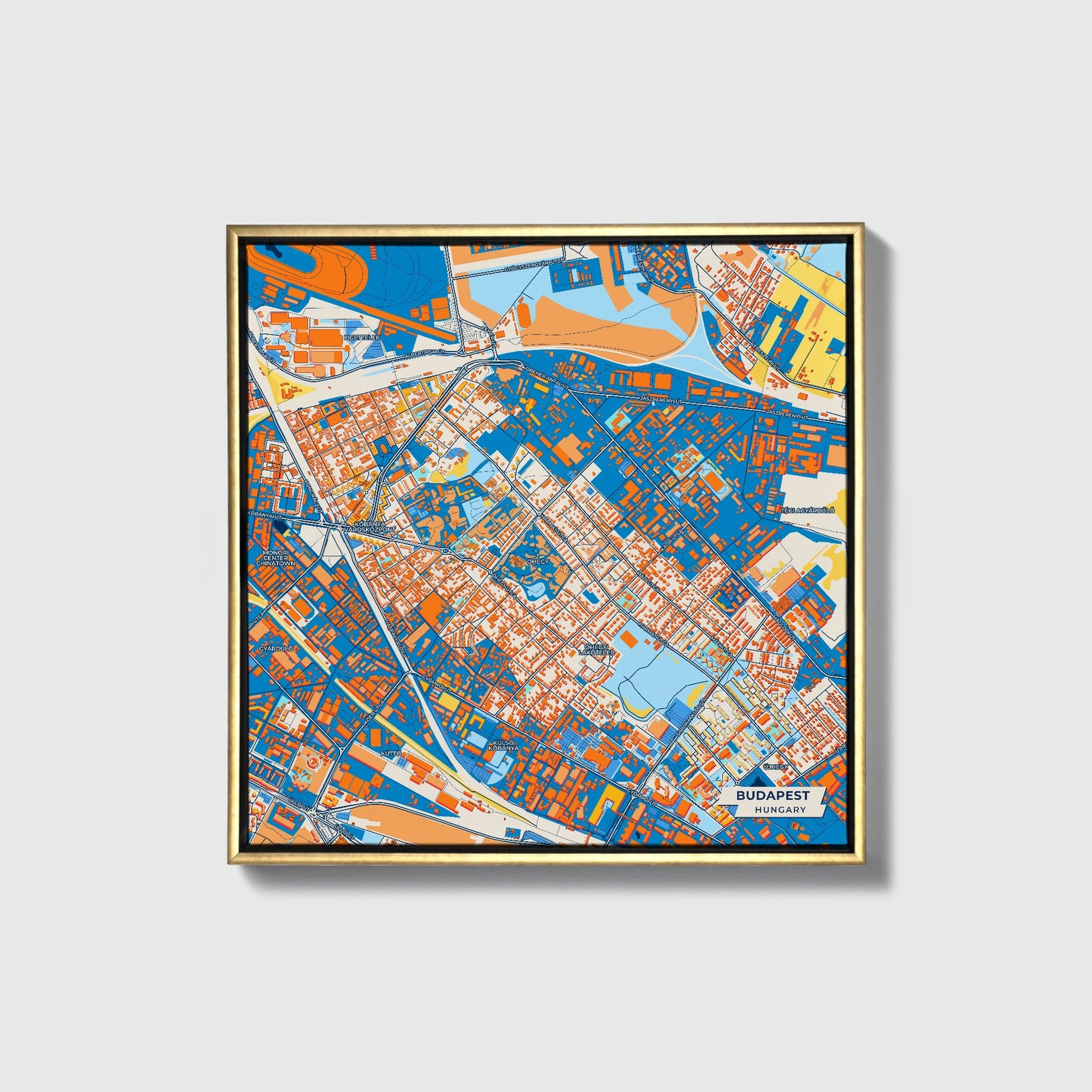 Budapest Hungary Colorful City Map Canvas Print • Gold Framed