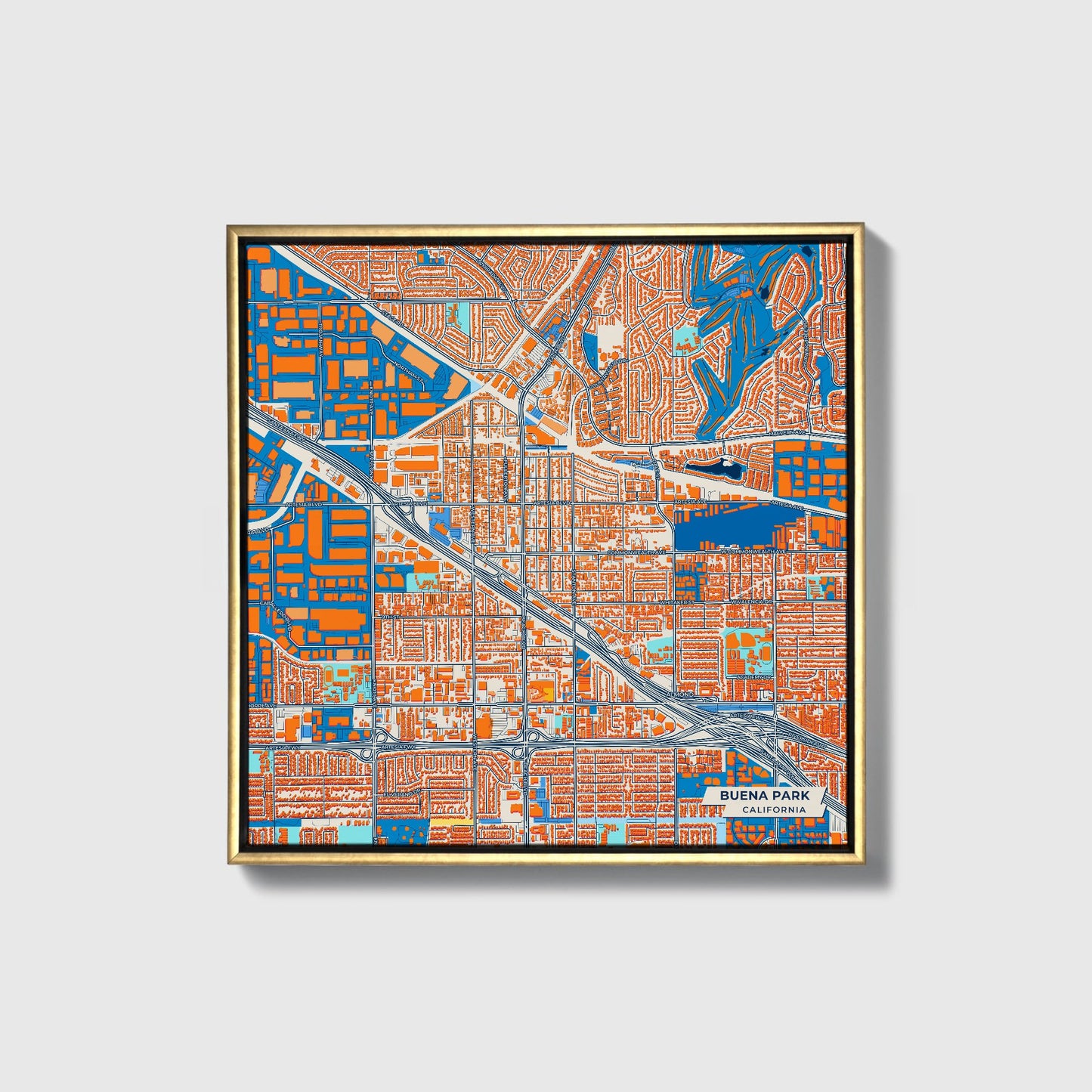 Buena Park California Colorful City Map Canvas Print • Gold Framed