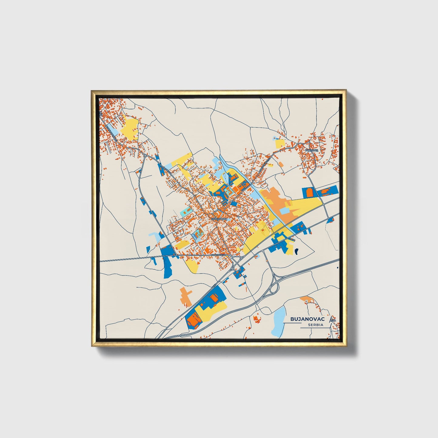 Бујановац Serbia Colorful City Map Canvas Print • Gold Framed
