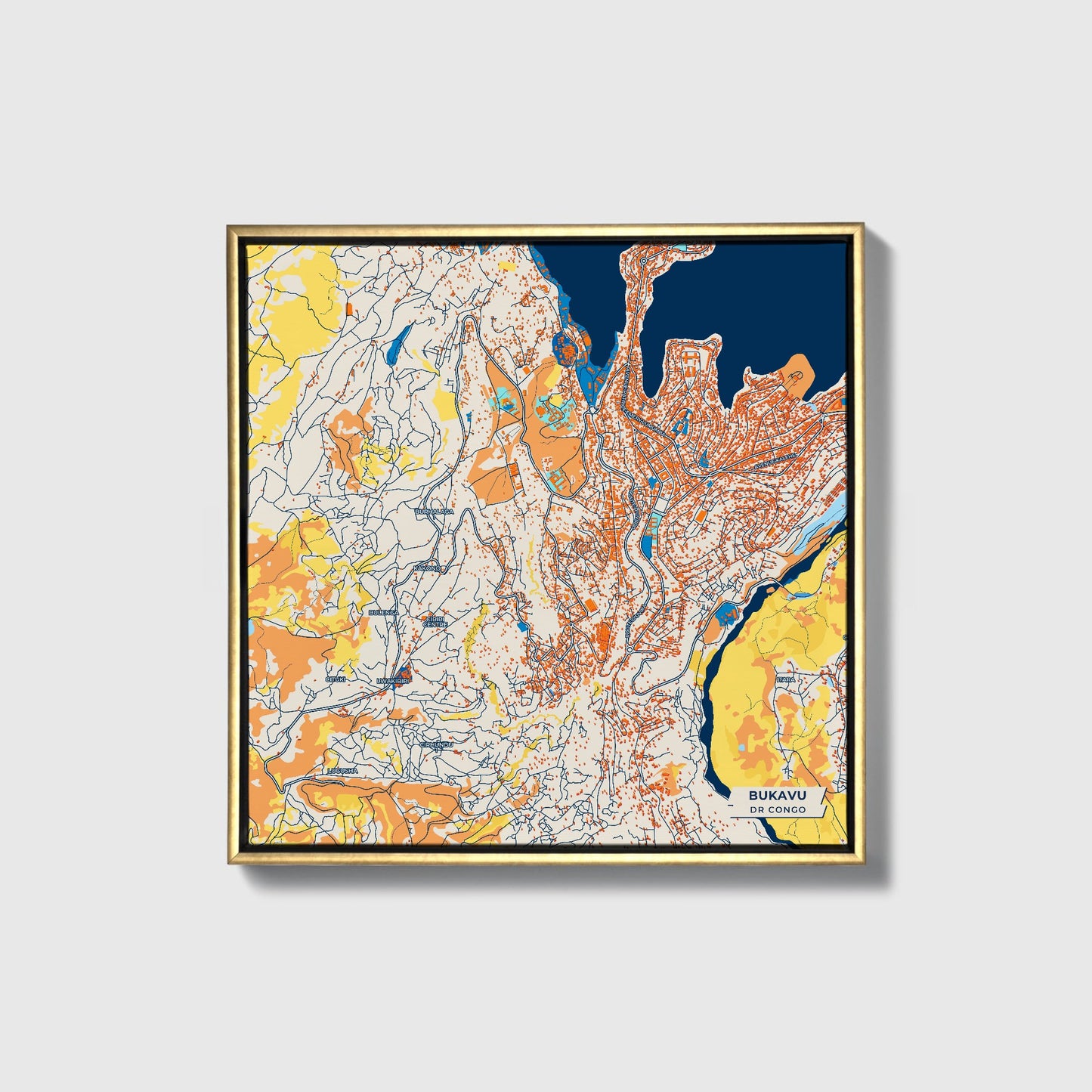 Bukavu Dr Congo Colorful City Map Canvas Print • Gold Framed