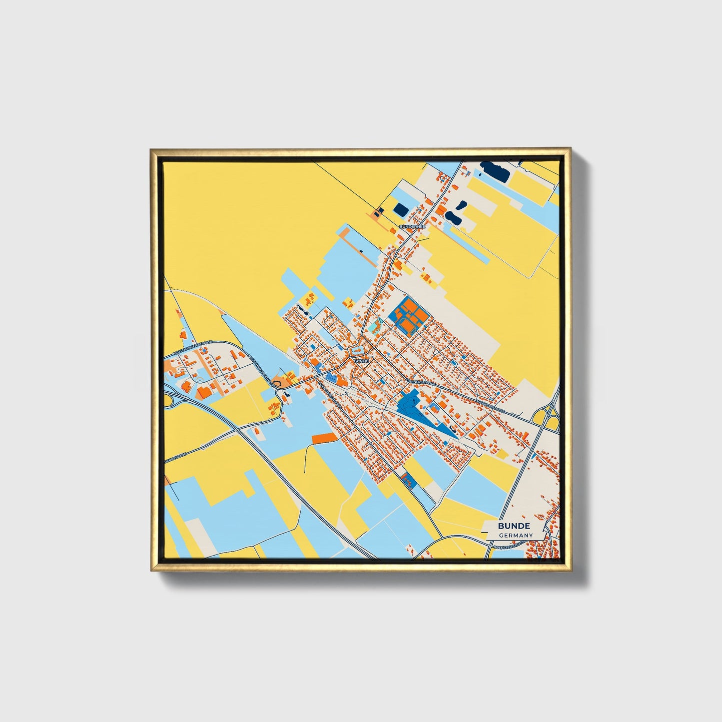 Bünde Germany Colorful City Map Canvas Print • Gold Framed