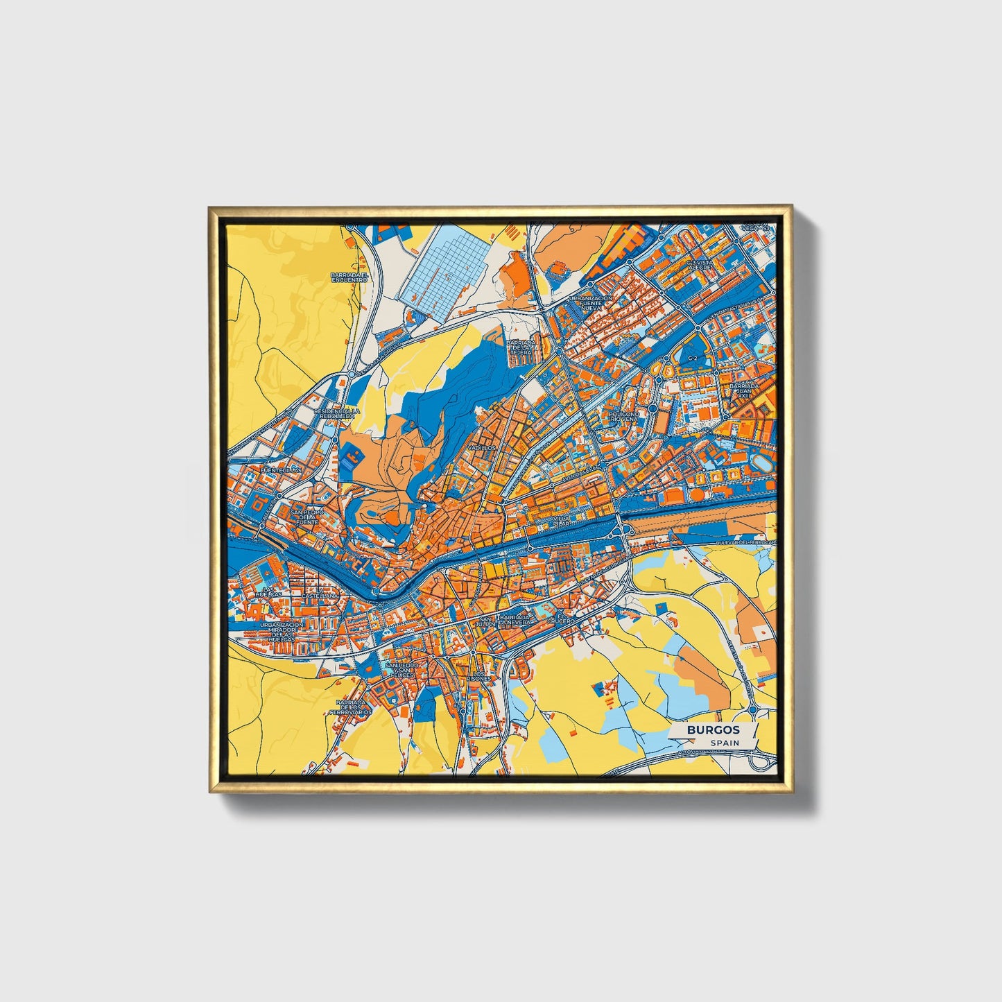 Burgos Spain Colorful City Map Canvas Print • Gold Framed
