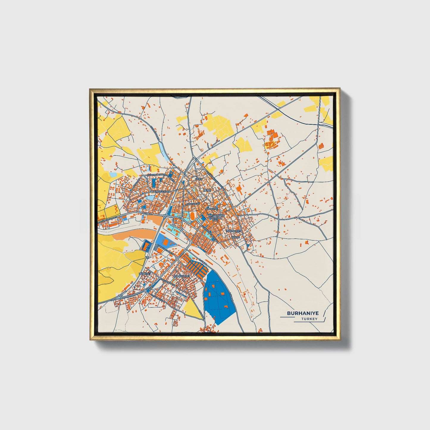 Burhani̇ye Turkey Colorful City Map Canvas Print • Gold Framed