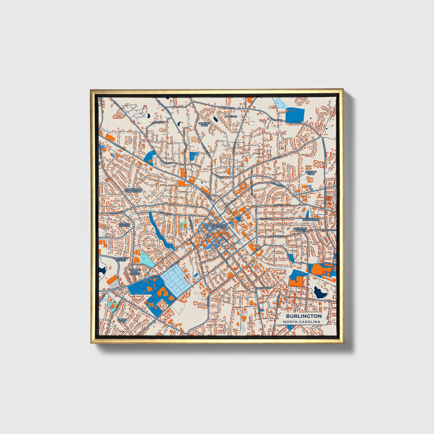 Burlington North Carolina Colorful City Map Canvas Print • Gold Framed