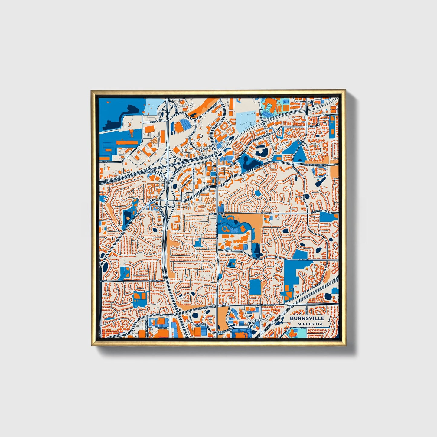 Burnsville Minnesota Colorful City Map Canvas Print • Gold Framed