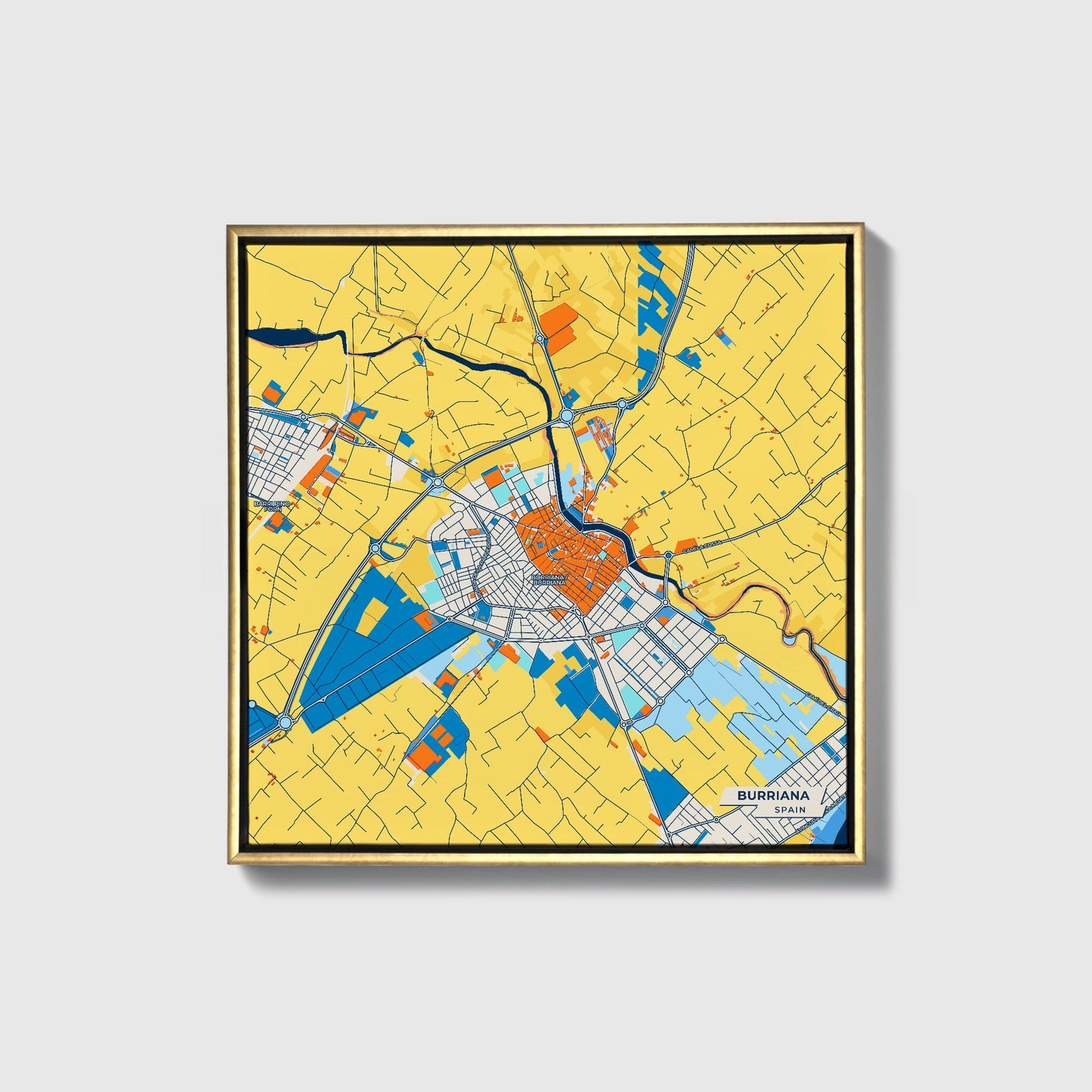Burriana Spain Colorful City Map Canvas Print • Gold Framed