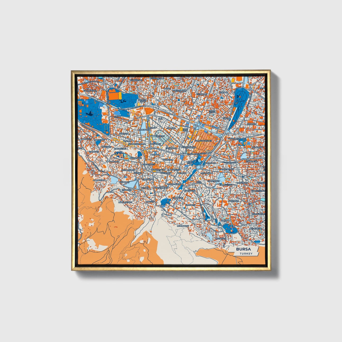 Bursa Turkey Colorful City Map Canvas Print • Gold Framed
