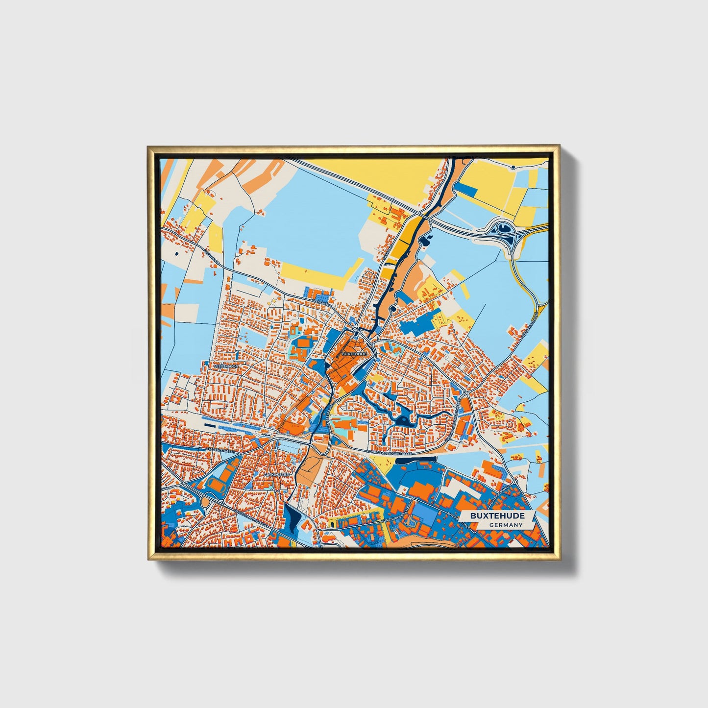 Buxtehude Germany Colorful City Map Canvas Print • Gold Framed