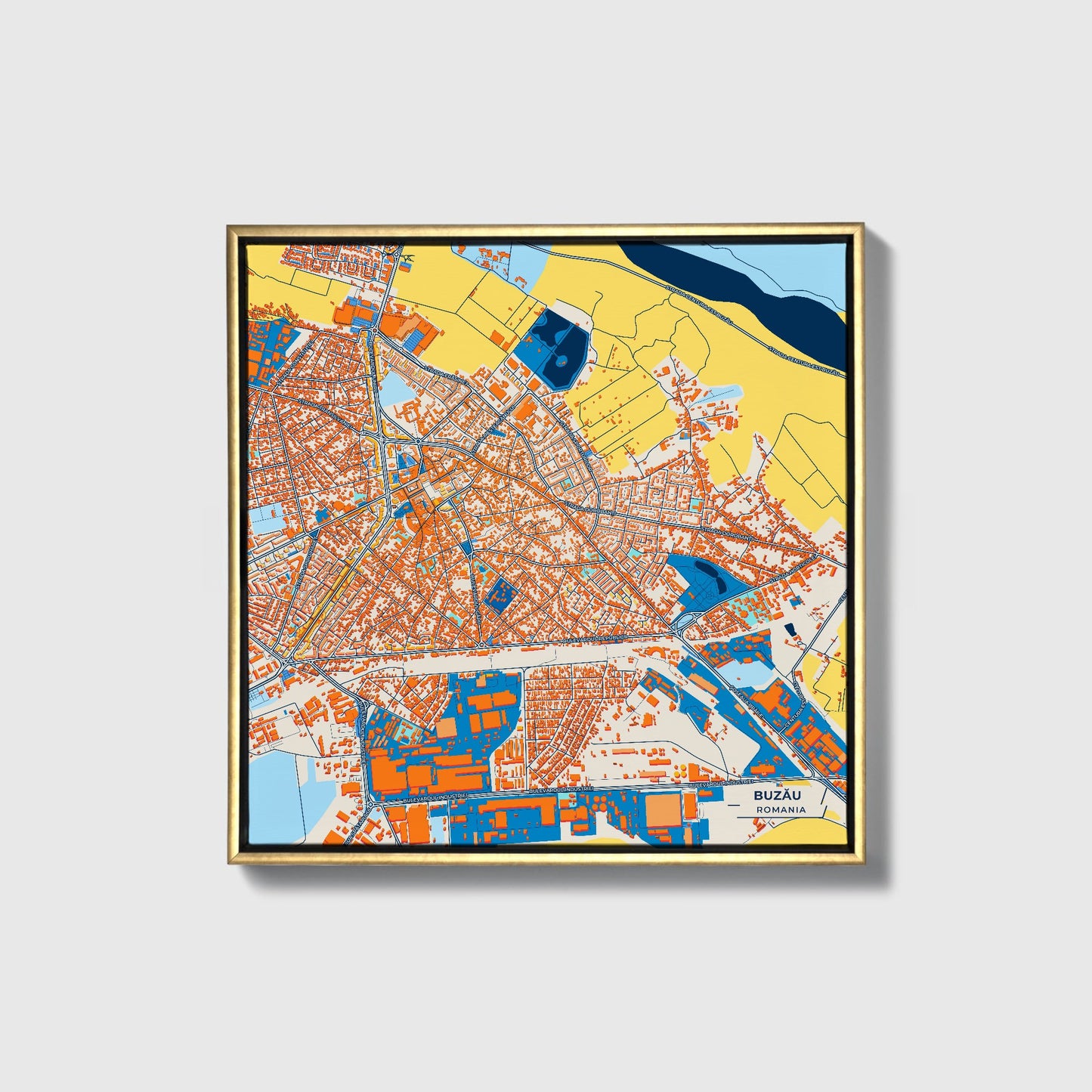 Buzău Romania Colorful City Map Canvas Print • Gold Framed