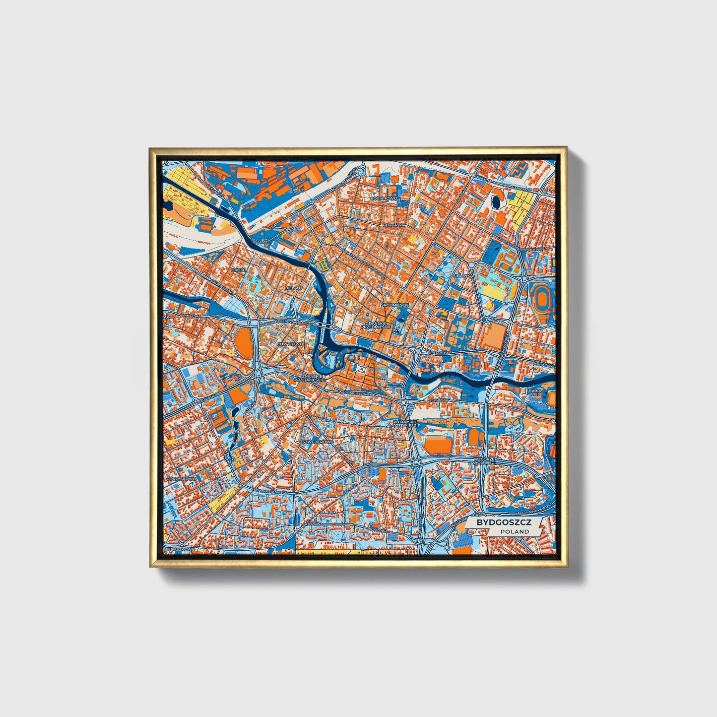 Bydgoszcz Poland Colorful City Map Canvas Print • Gold Framed