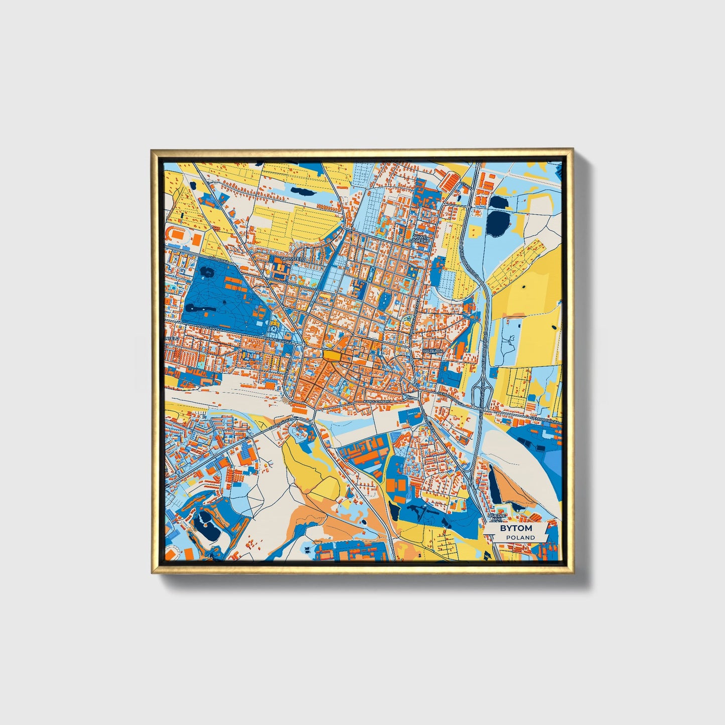 Bytom Poland Colorful City Map Canvas Print • Gold Framed