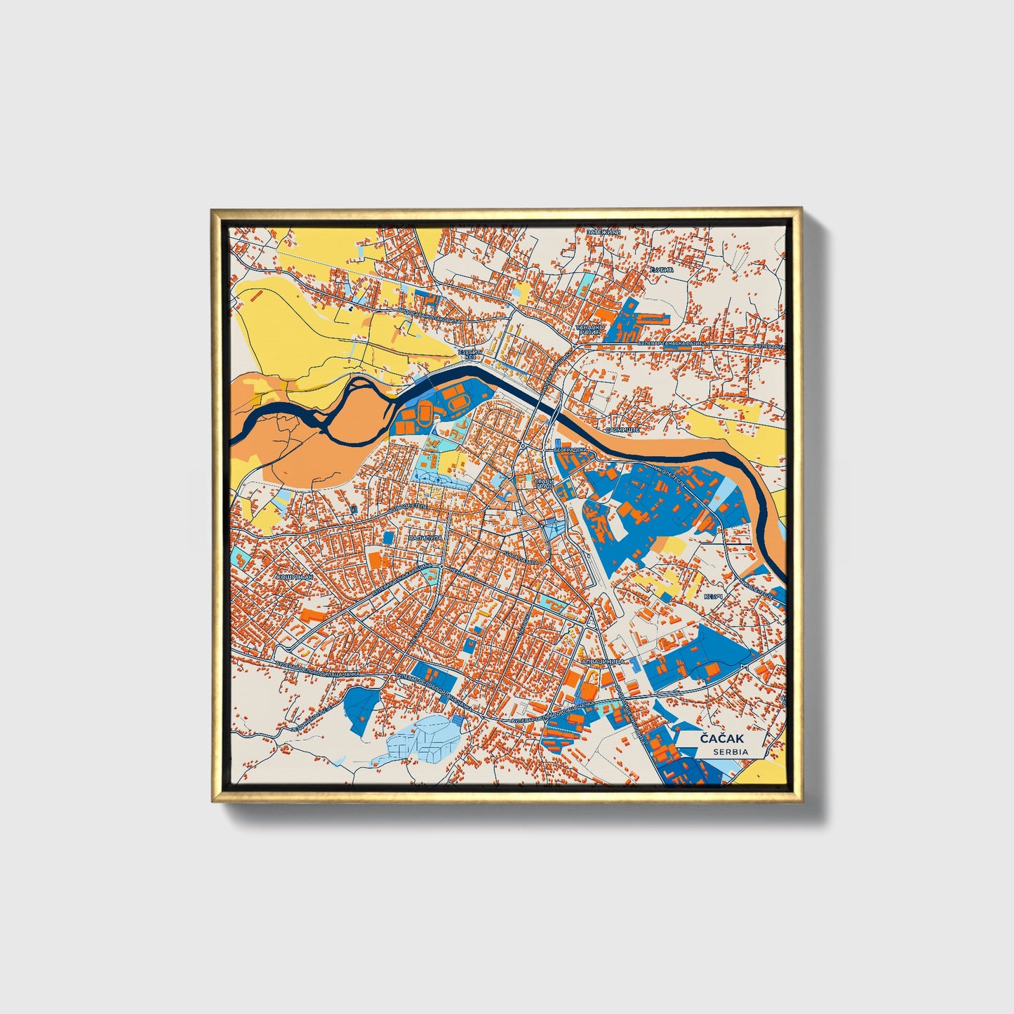 Чачак Serbia Colorful City Map Canvas Print • Gold Framed