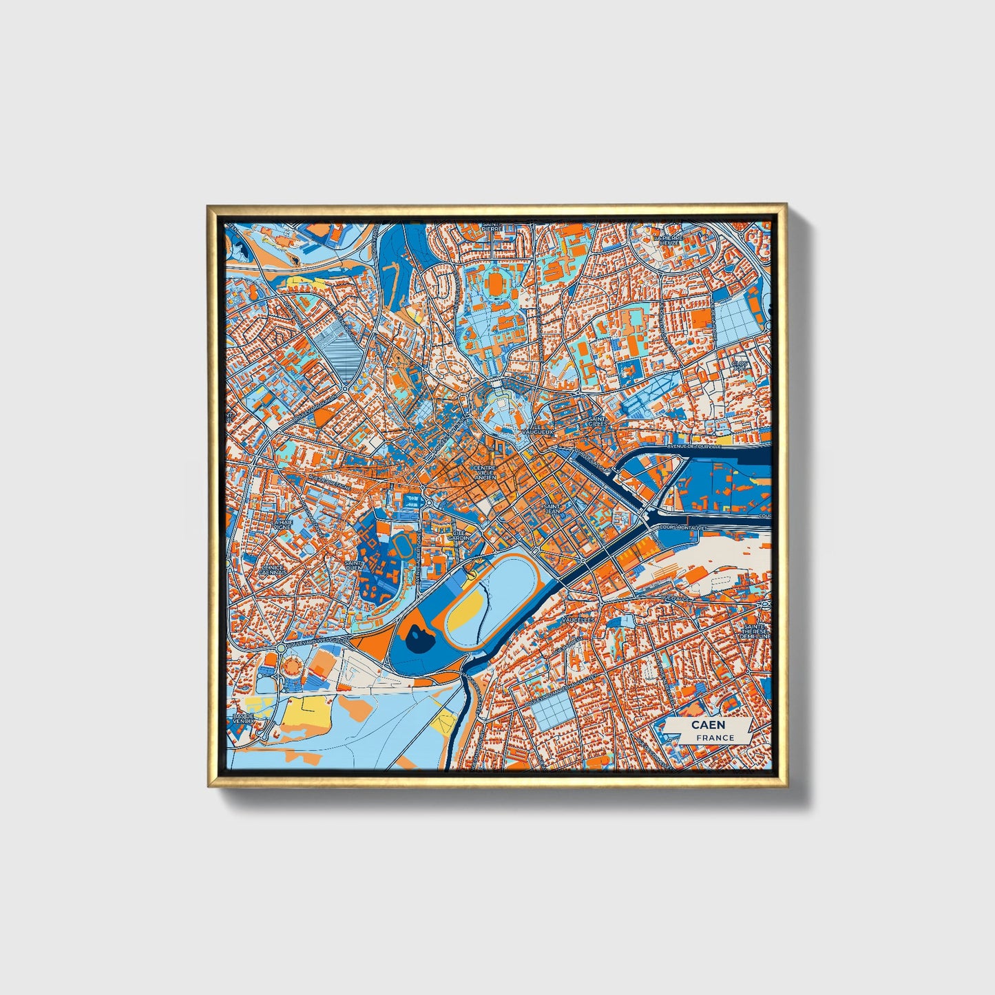 Caen France Colorful City Map Canvas Print • Gold Framed