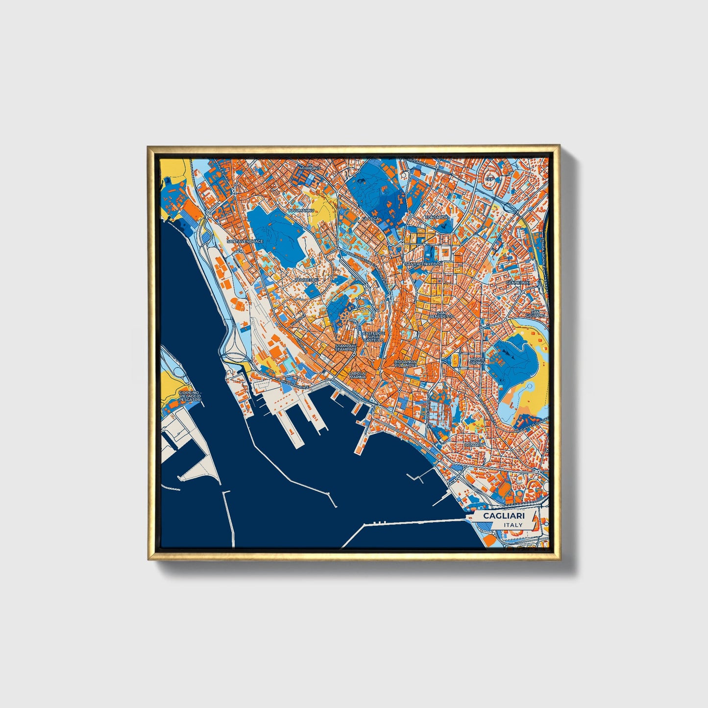 Cagliari Italy Colorful City Map Canvas Print • Gold Framed