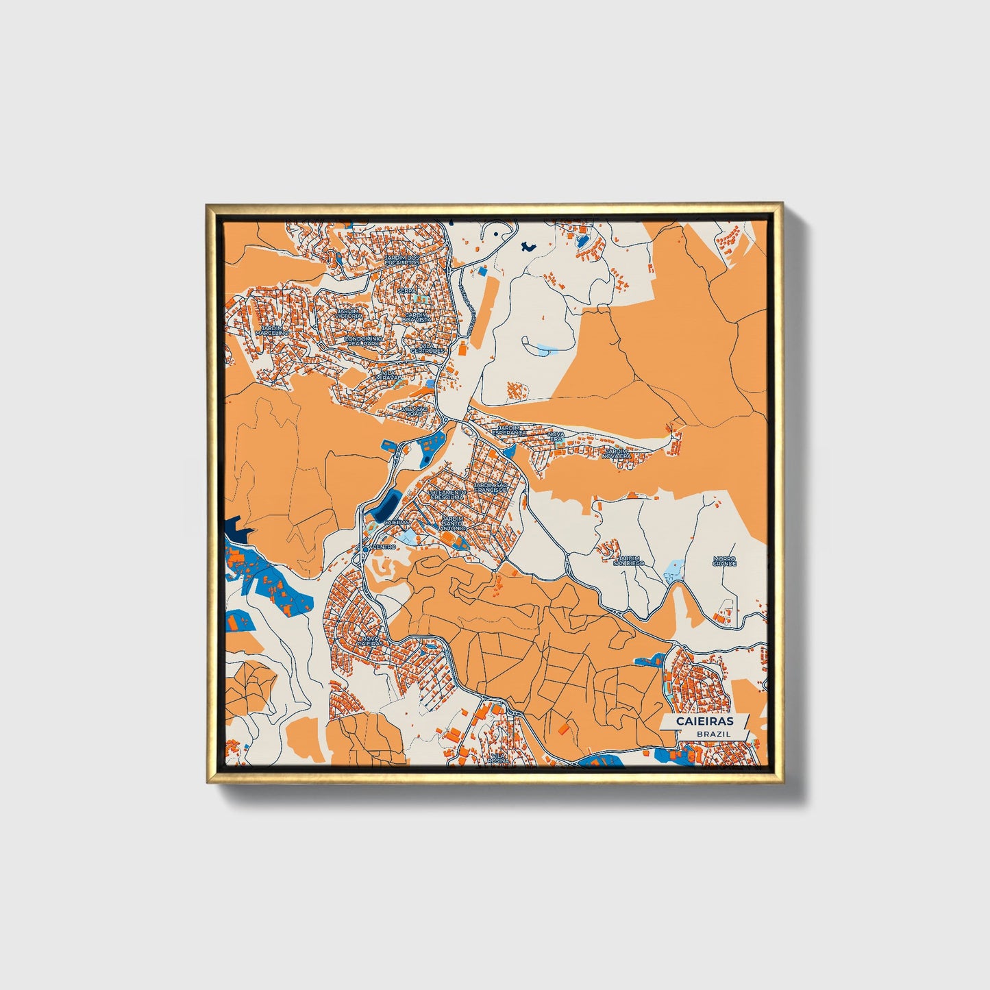 Caieiras Brazil Colorful City Map Canvas Print • Gold Framed