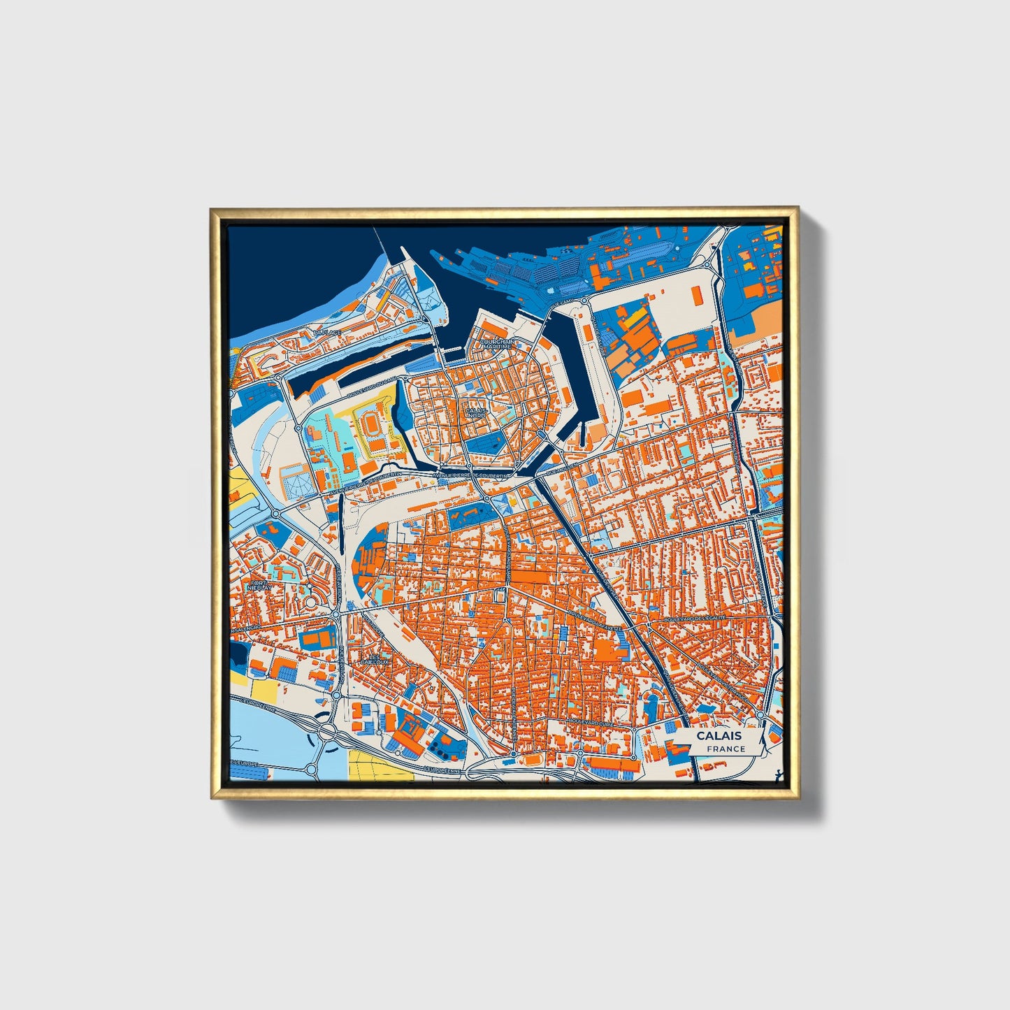 Calais France Colorful City Map Canvas Print • Gold Framed