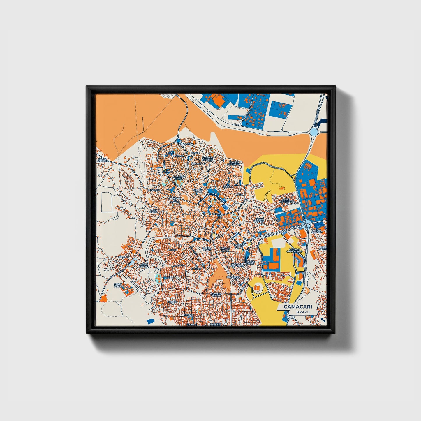 Camacari Brazil Colorful City Map Canvas Print • Black Framed