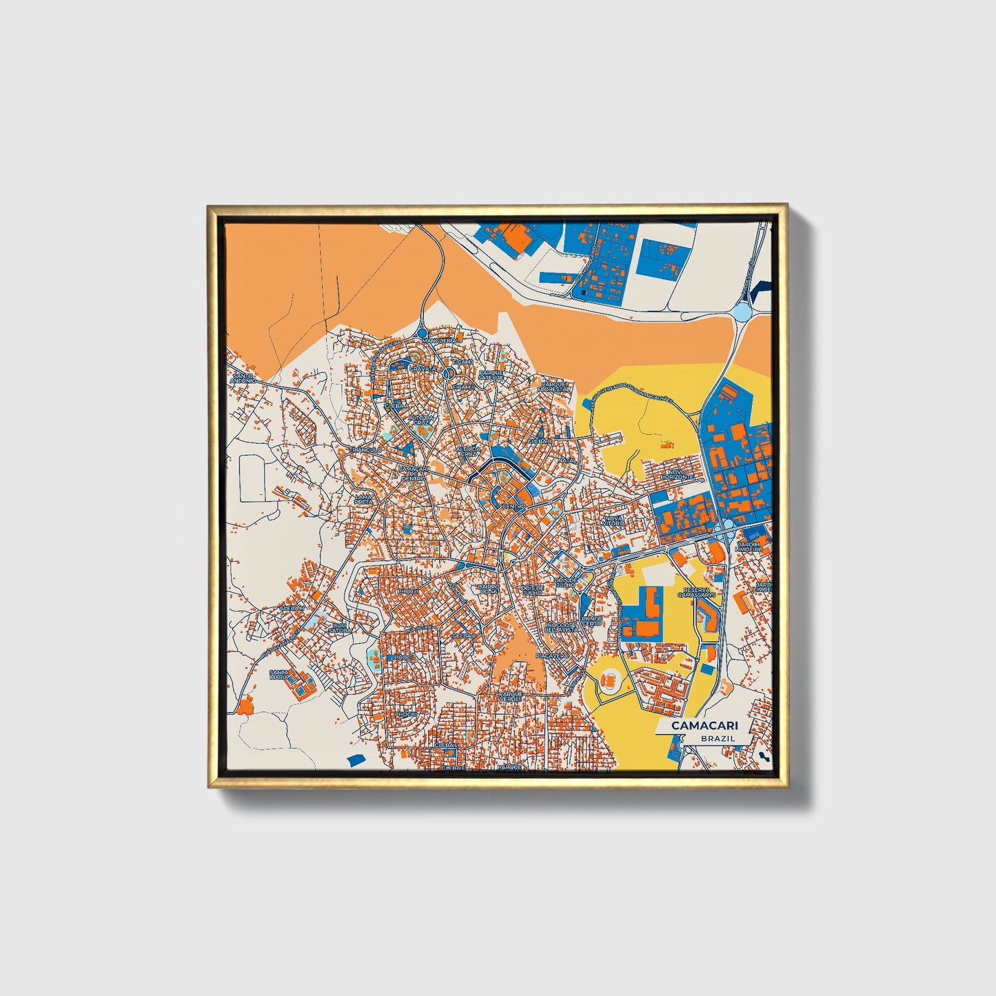Camacari Brazil Colorful City Map Canvas Print • Gold Framed