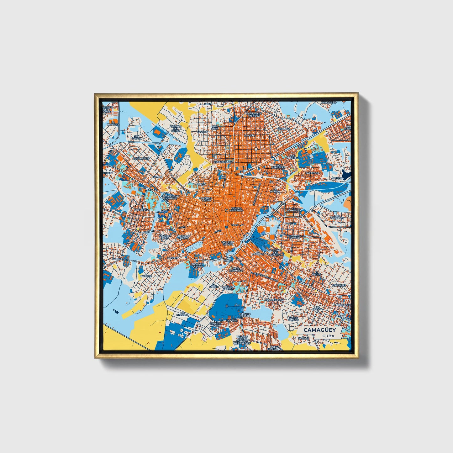 Camagüey Cuba Colorful City Map Canvas Print • Gold Framed