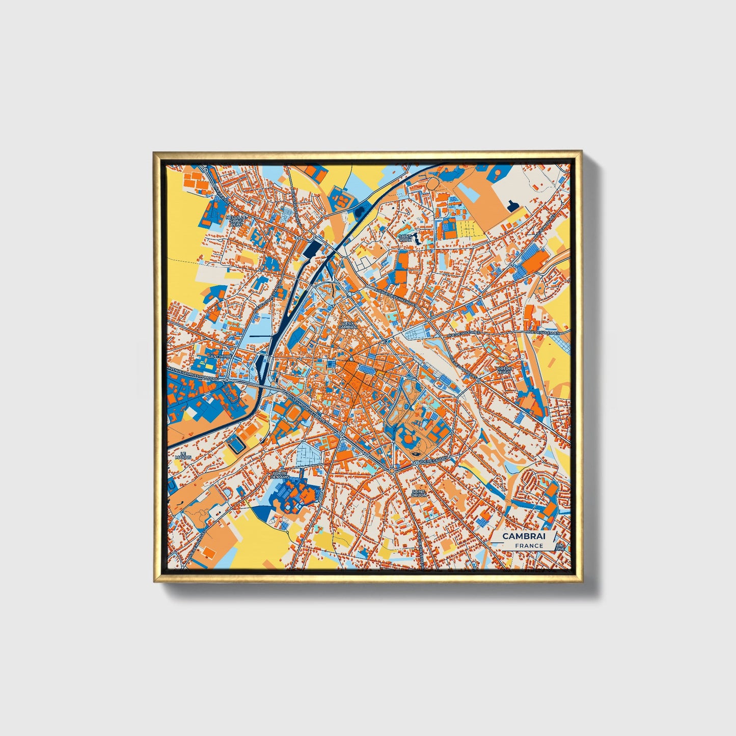 Cambrai France Colorful City Map Canvas Print • Gold Framed