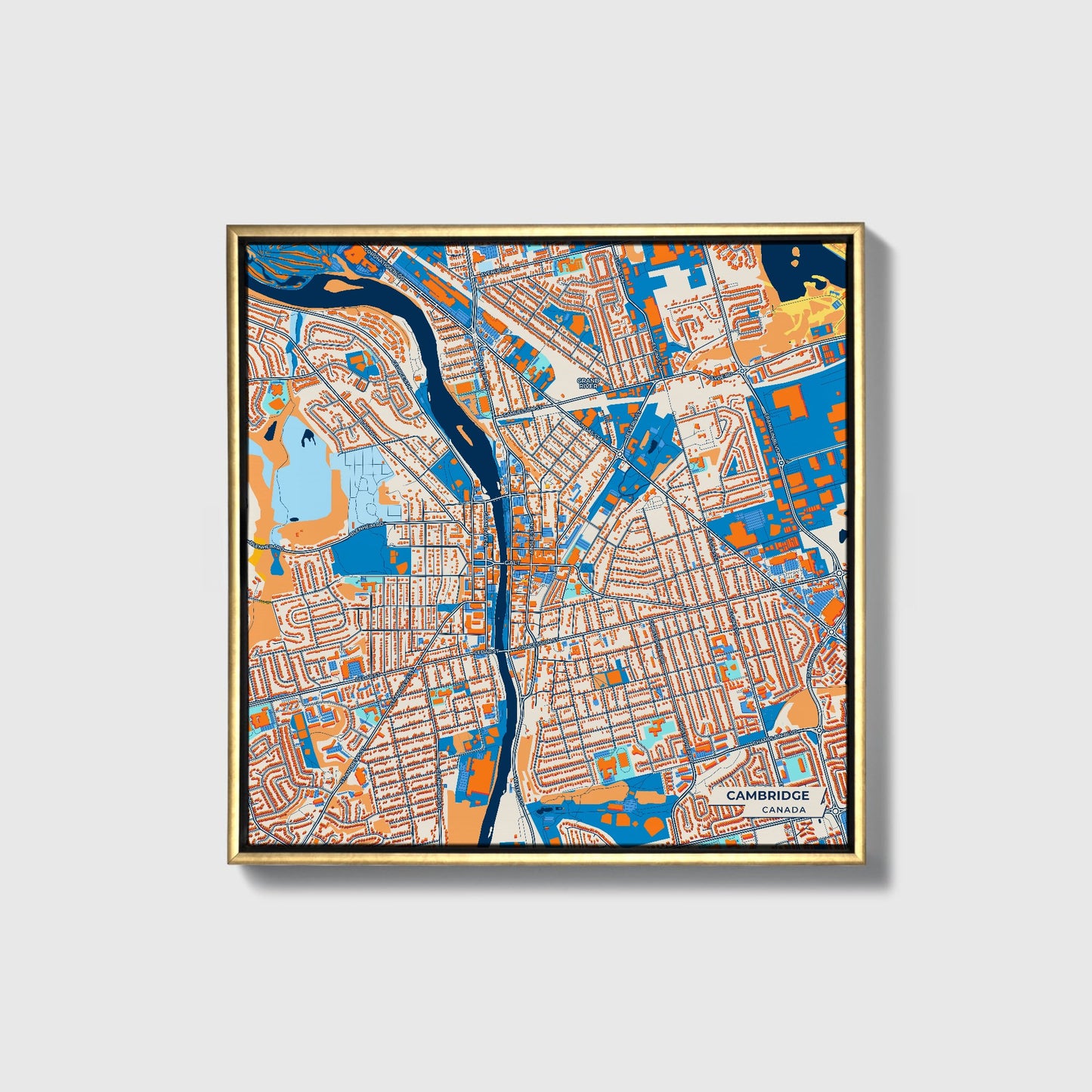 Cambridge Canada Colorful City Map Canvas Print • Gold Framed