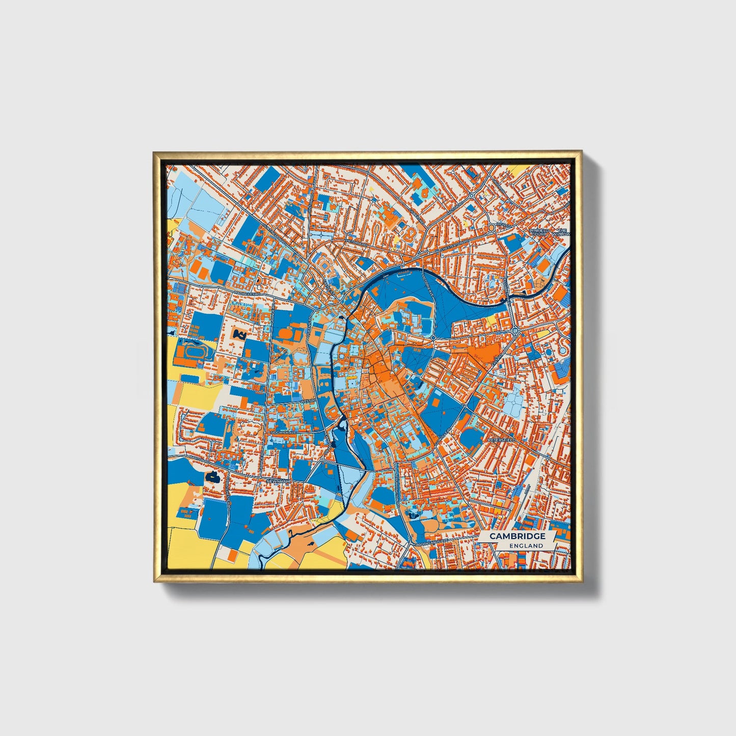 Cambridge England Colorful City Map Canvas Print • Gold Framed