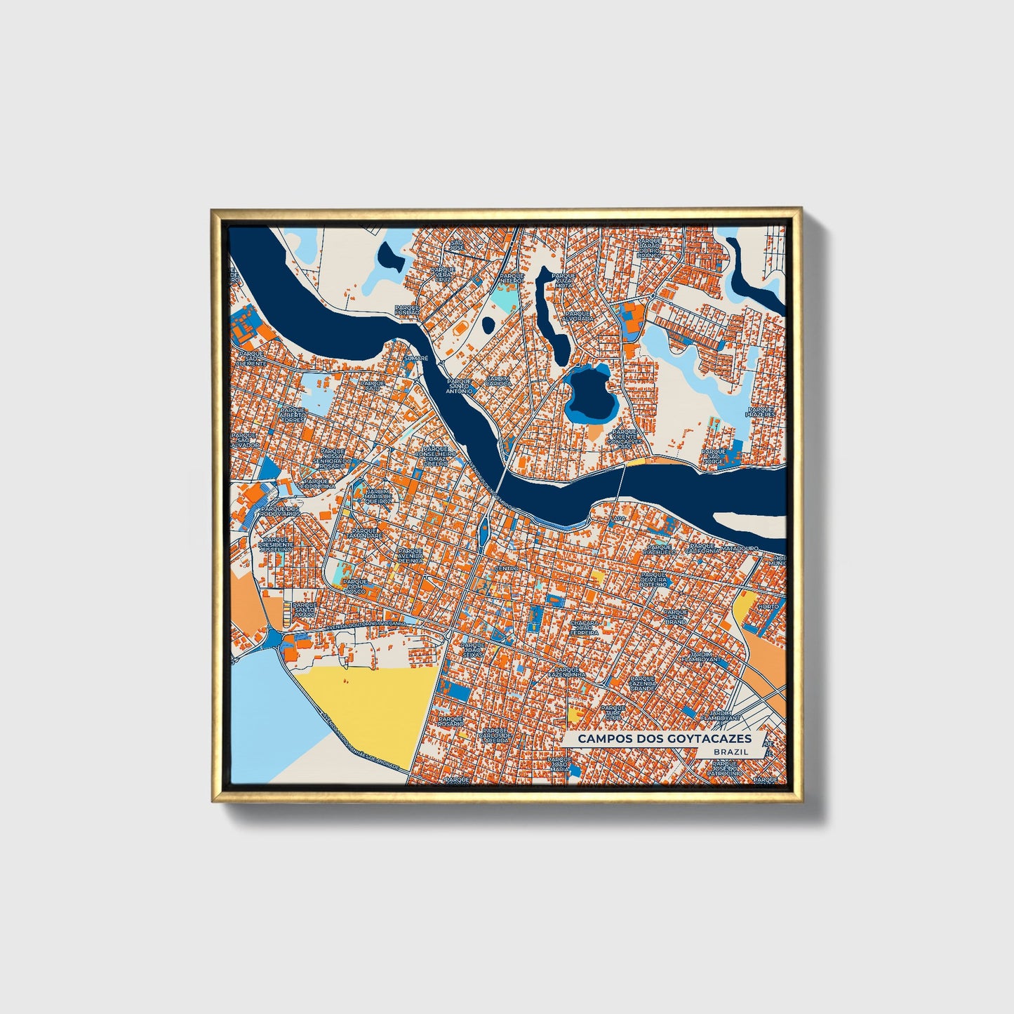 Campos Dos Goytacazes Brazil Colorful City Map Canvas Print • Gold Framed