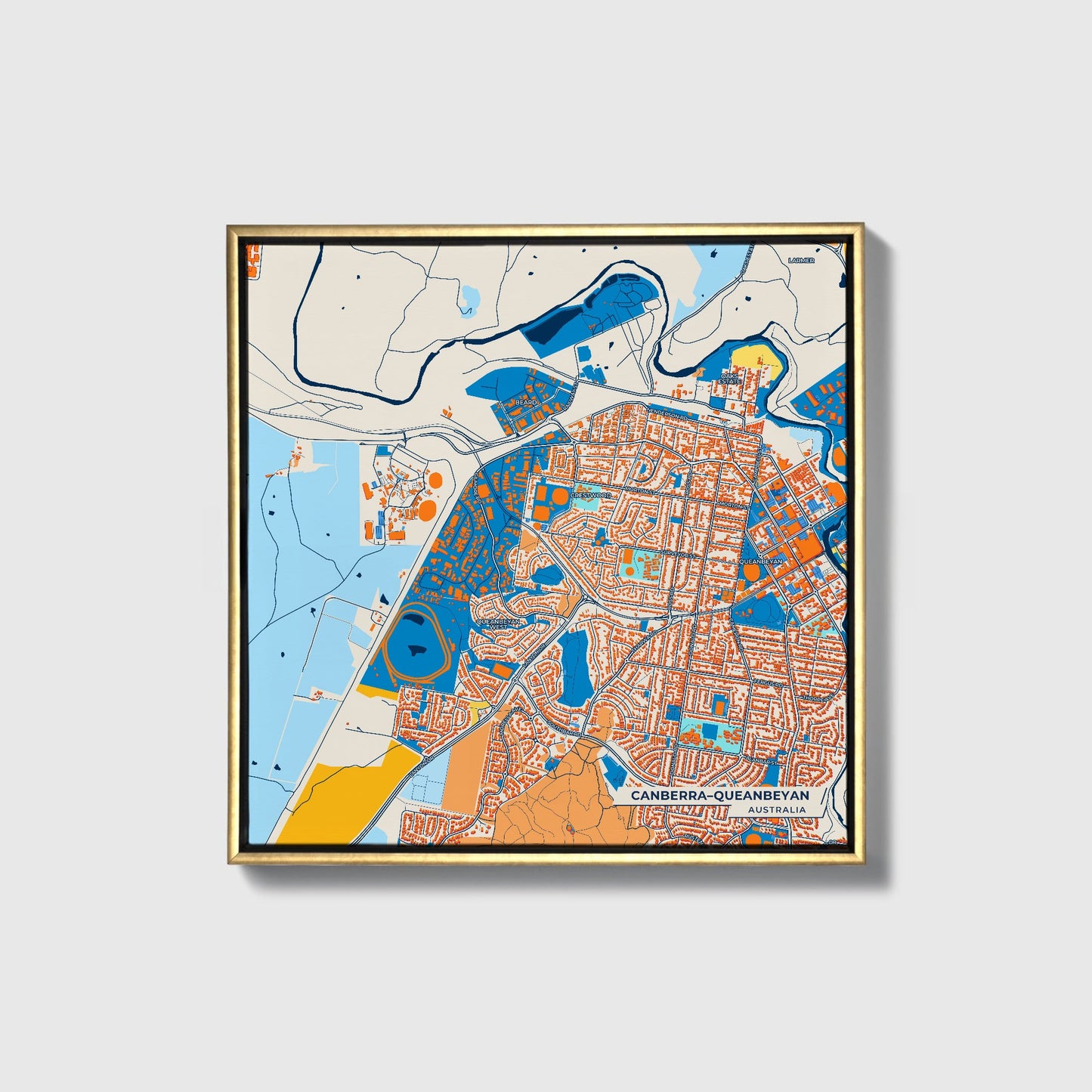 Canberra–Queanbeyan Australia Colorful City Map Canvas Print • Gold Framed