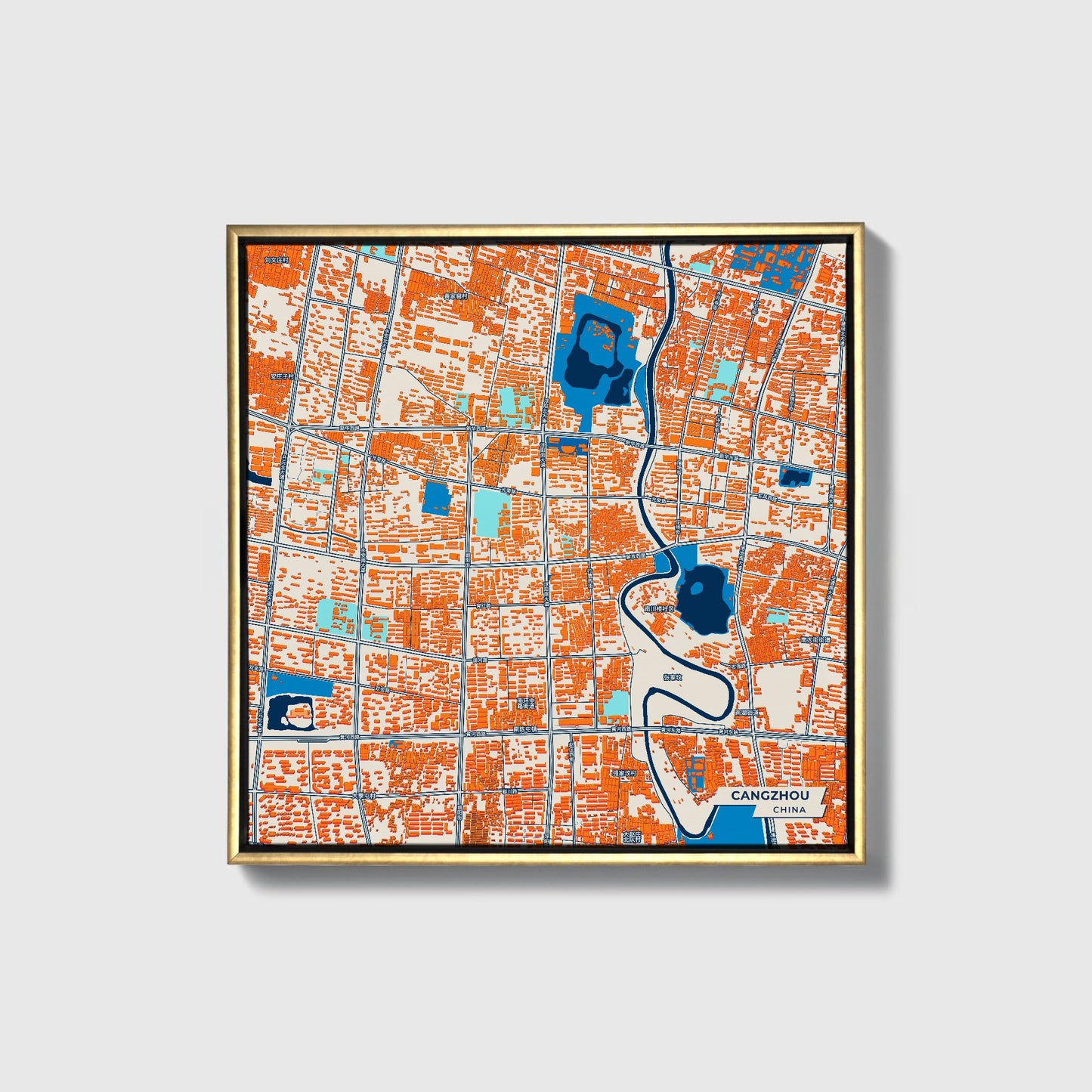 Cangzhou China Colorful City Map Canvas Print • Gold Framed