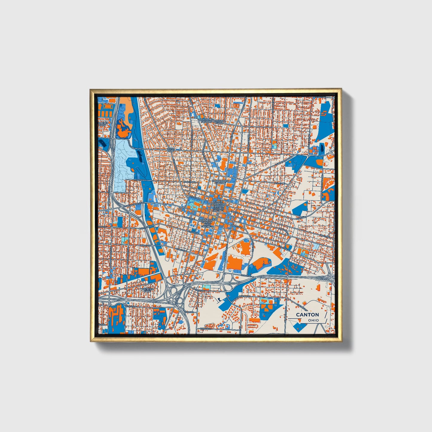 Canton Ohio Colorful City Map Canvas Print • Gold Framed