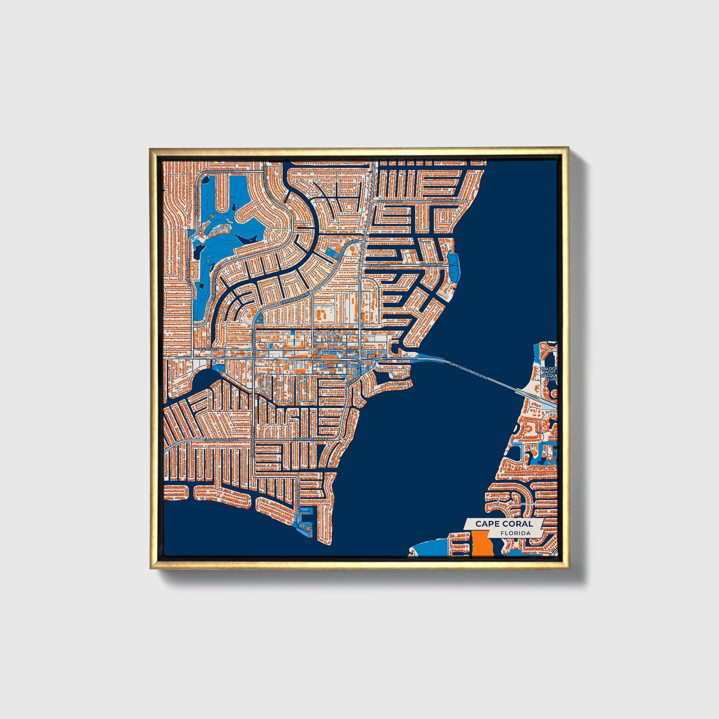 Cape Coral Florida Colorful City Map Canvas Print • Gold Framed