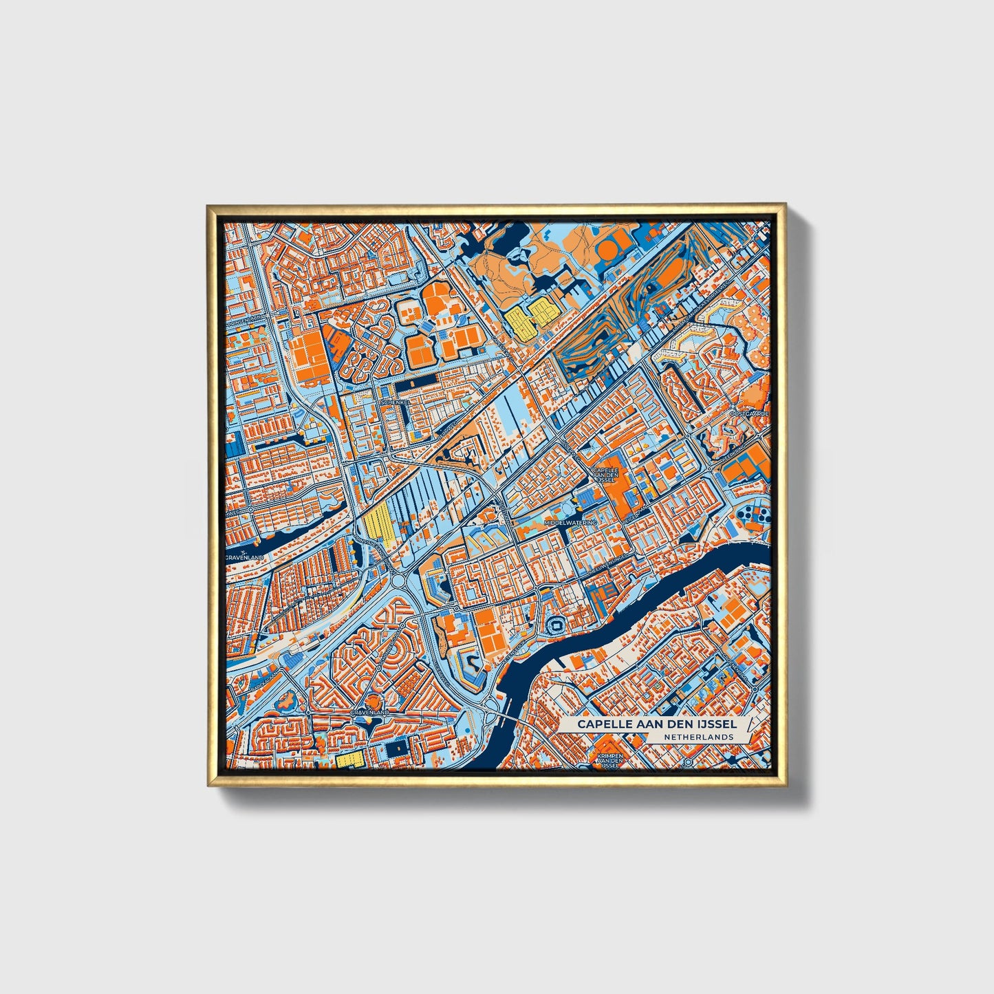 Capelleaandenijssel Netherlands Colorful City Map Canvas Print • Gold Framed