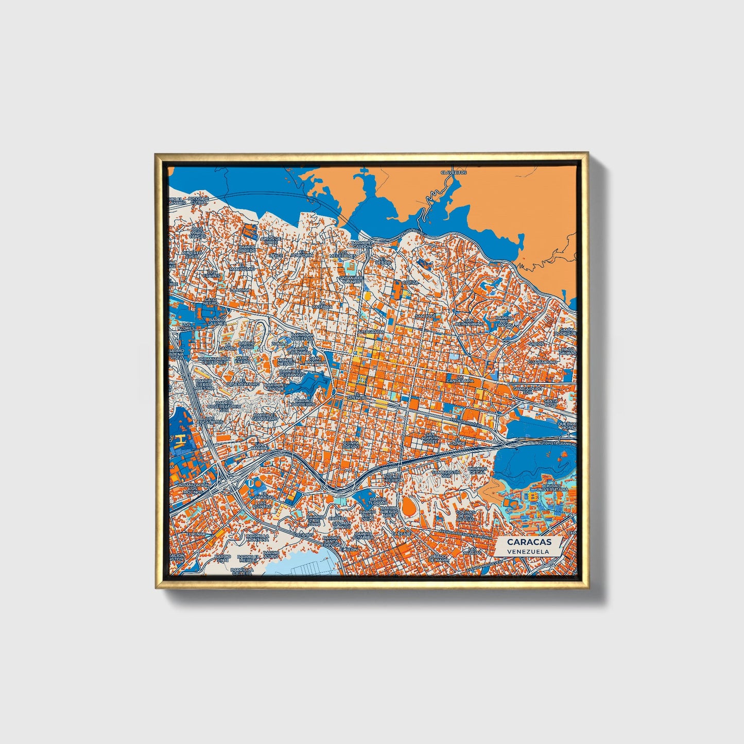 Caracas Venezuela Colorful City Map Canvas Print • Gold Framed