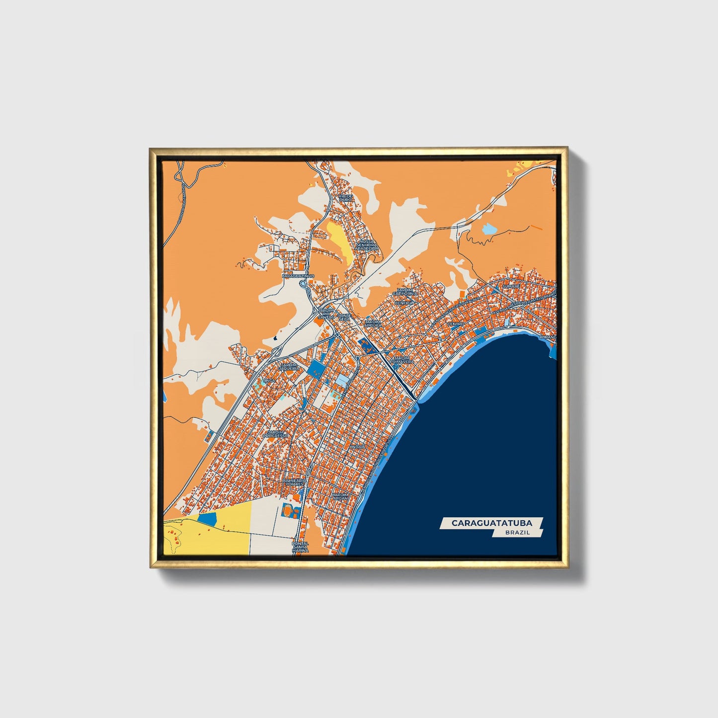 Caraguatatuba Brazil Colorful City Map Canvas Print • Gold Framed