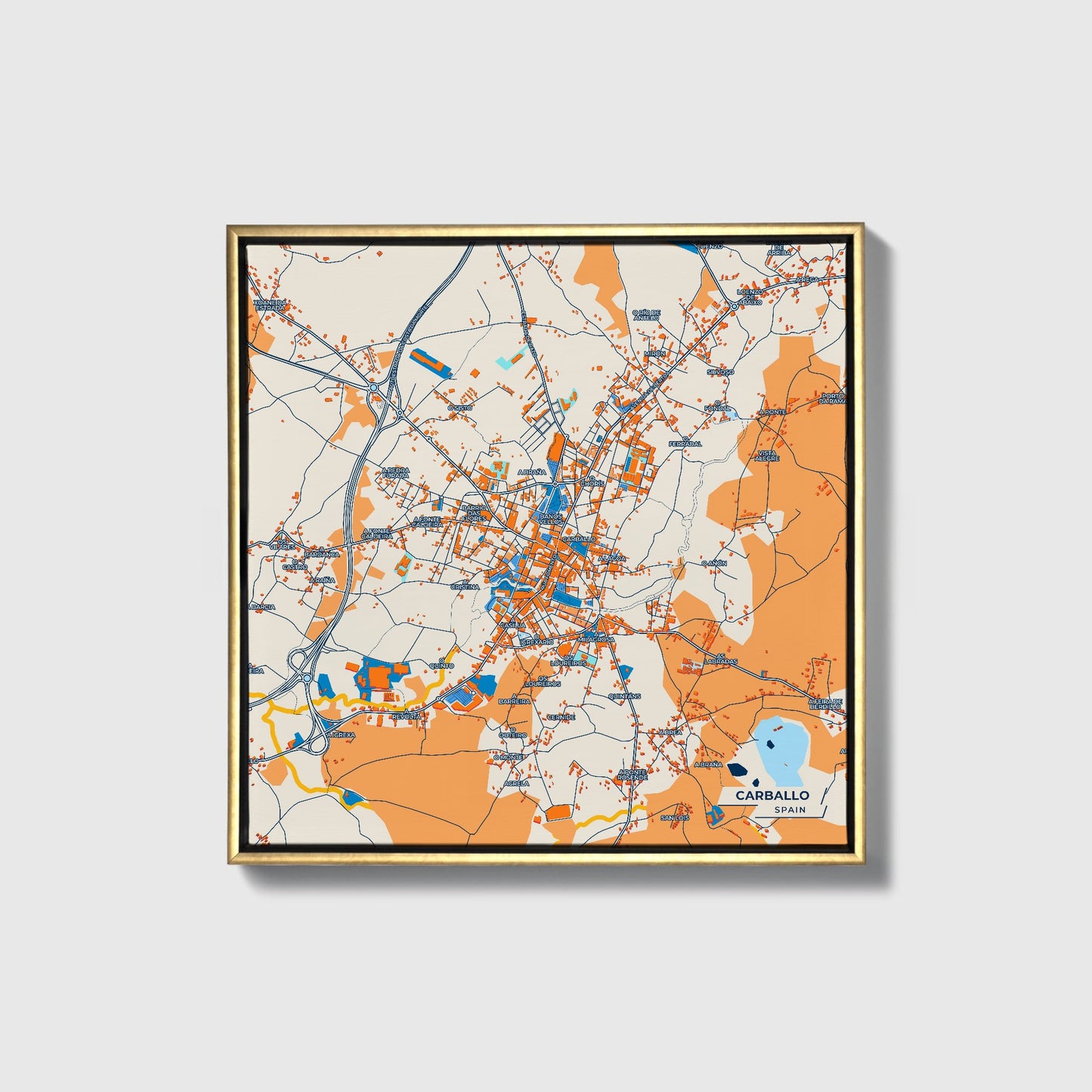 Carballo Spain Colorful City Map Canvas Print • Gold Framed