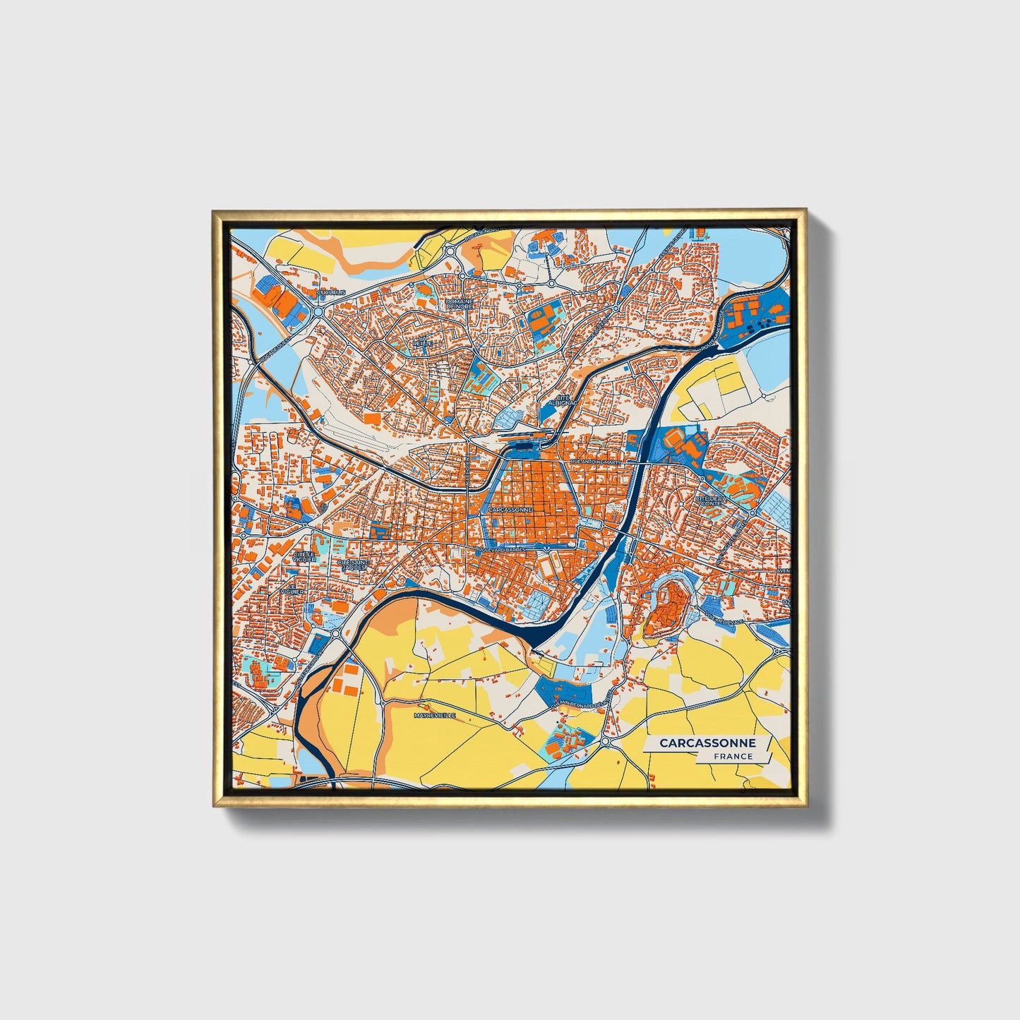 Carcassonne France Colorful City Map Canvas Print • Gold Framed