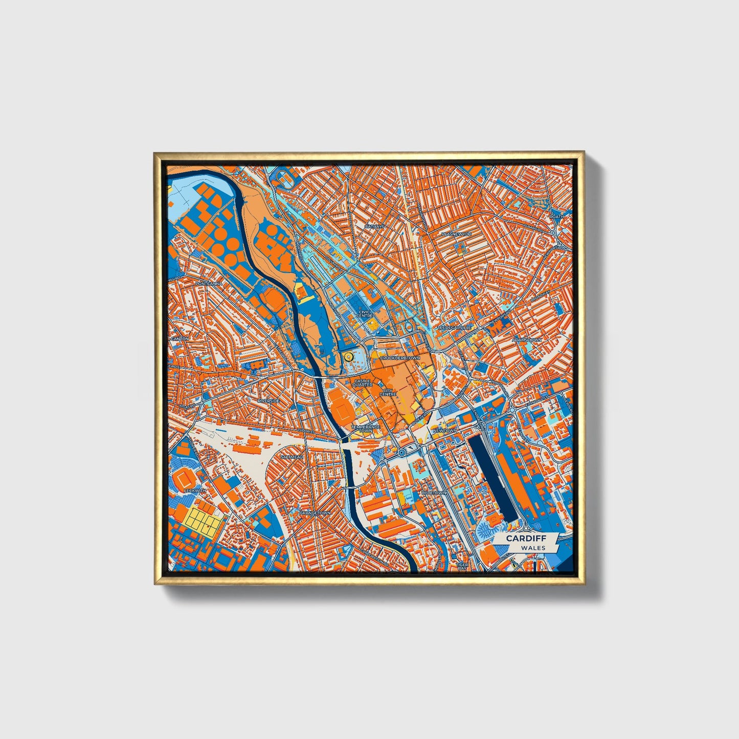 Cardiff Wales Colorful City Map Canvas Print • Gold Framed