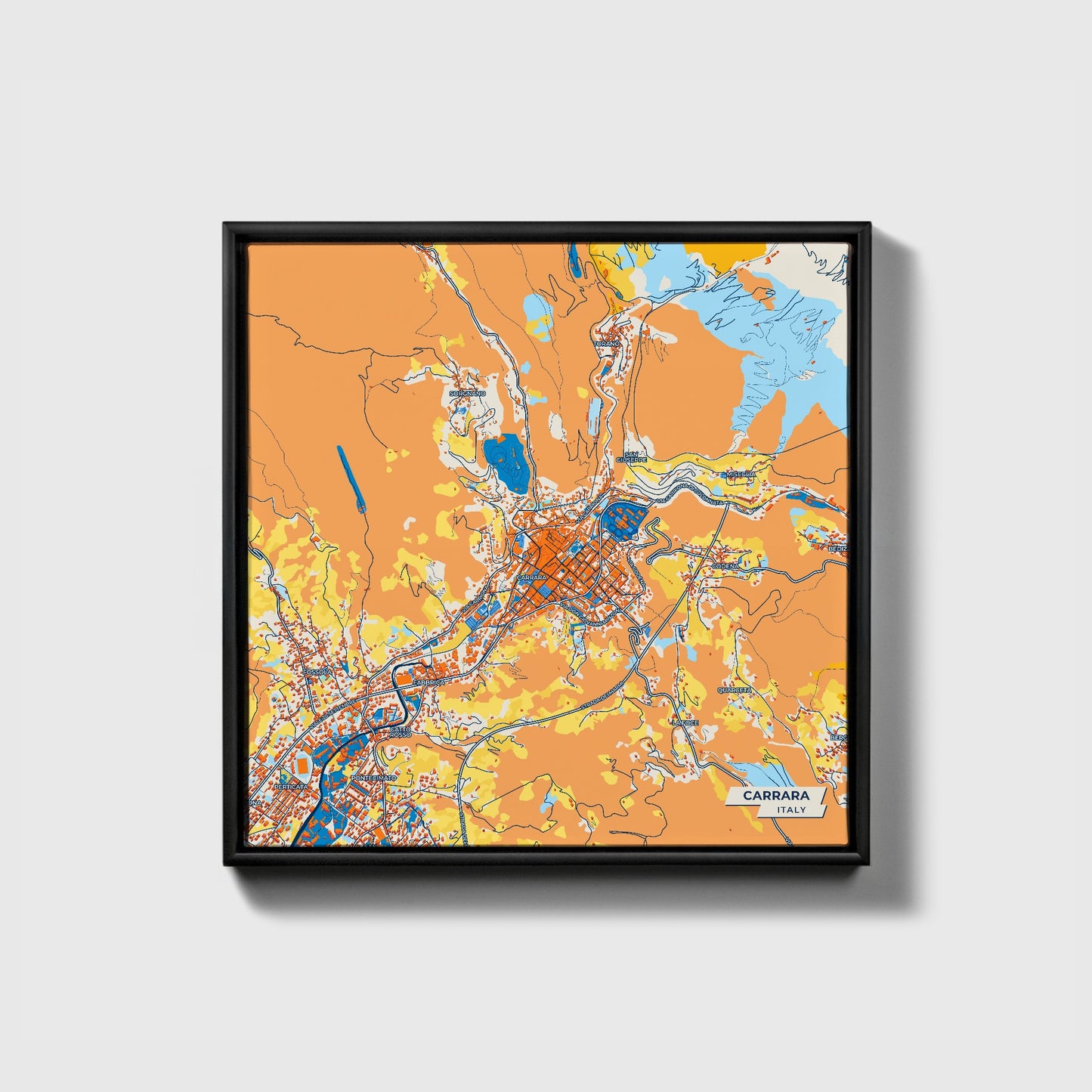 Carrara Italy Colorful City Map Canvas Print • Black Framed