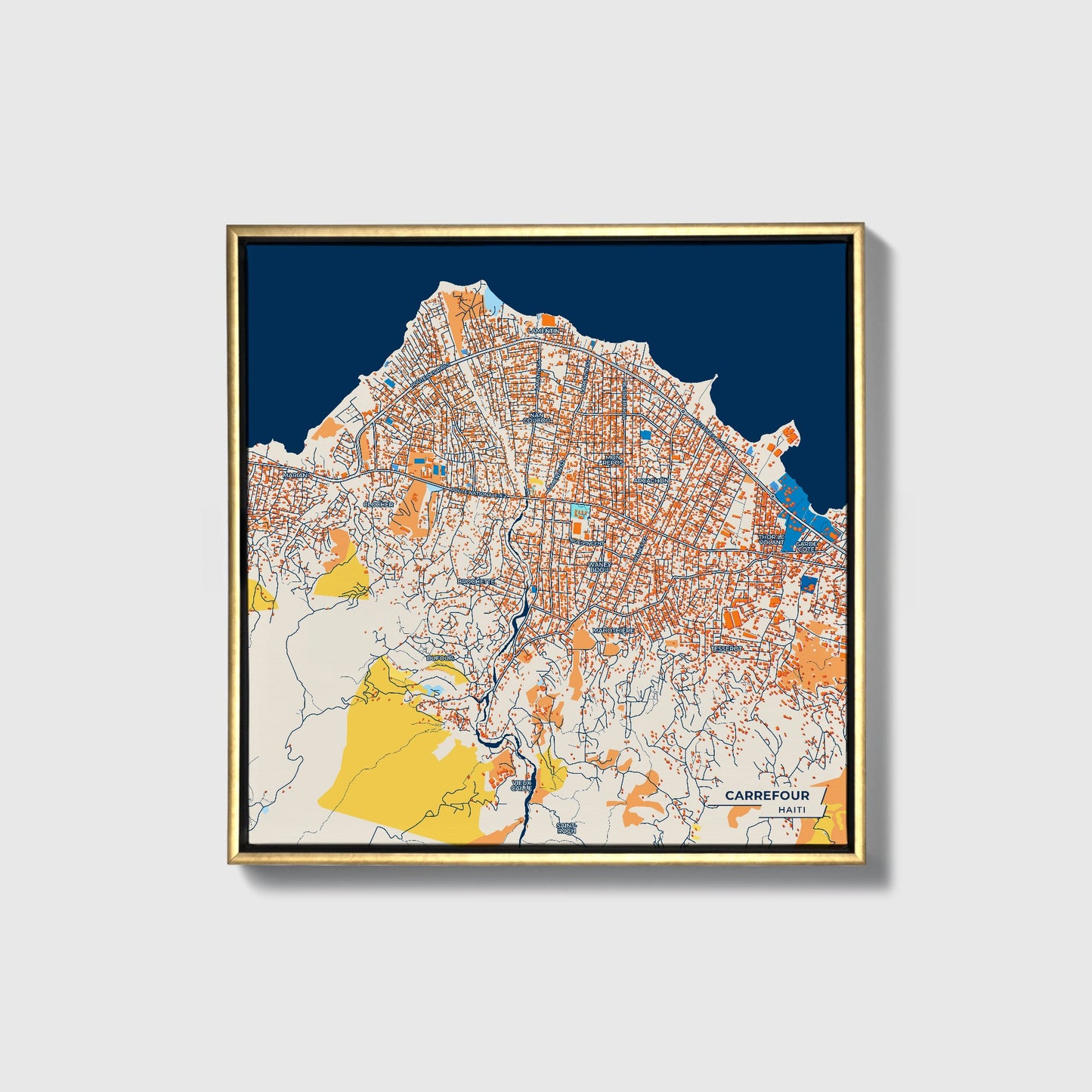 Carrefour Haiti Colorful City Map Canvas Print • Gold Framed