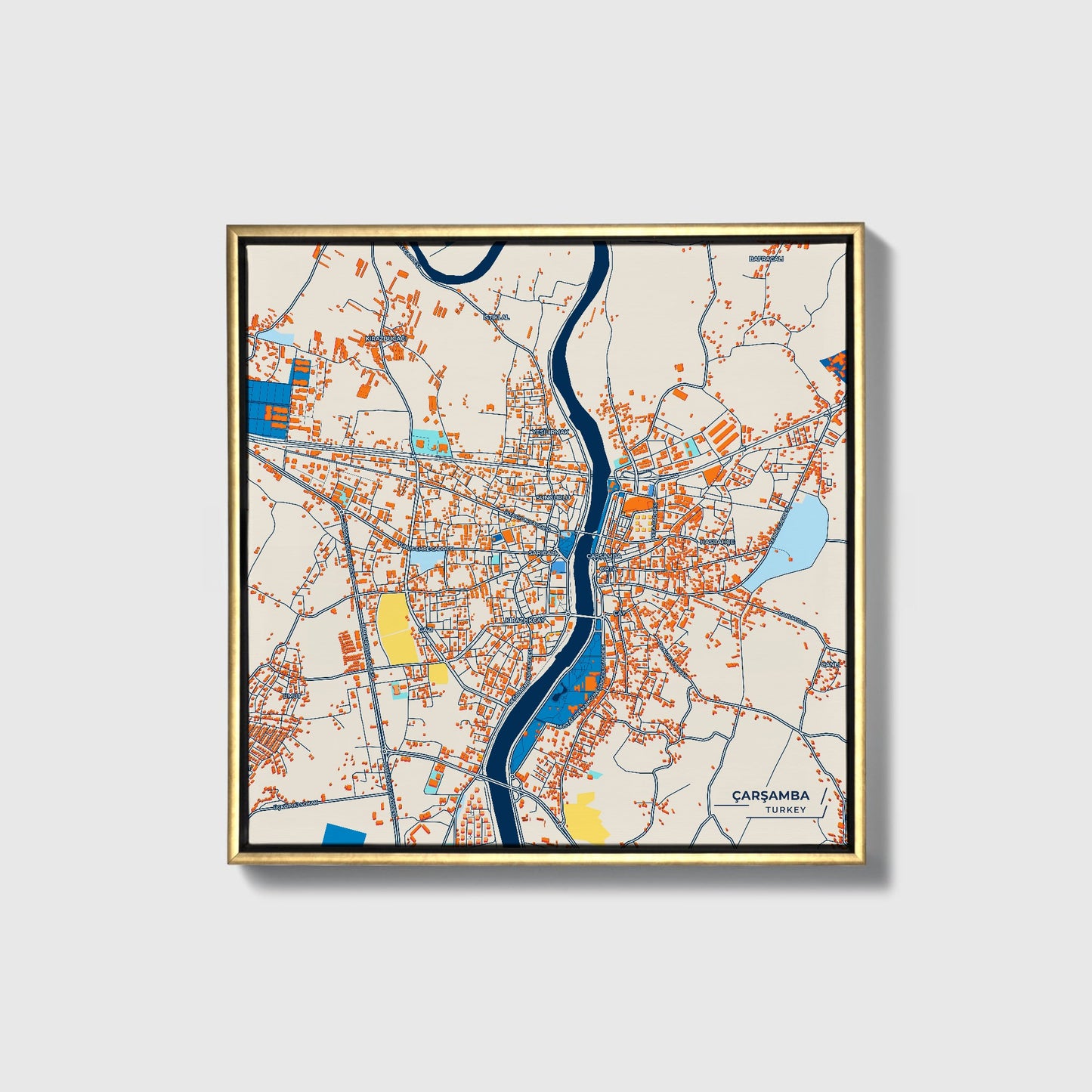 Çarşamba Turkey Colorful City Map Canvas Print • Gold Framed