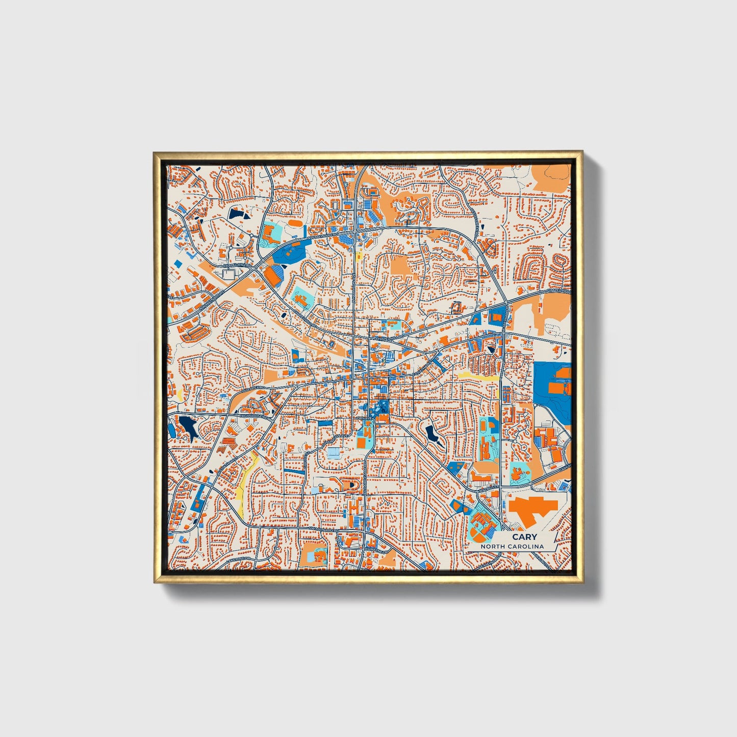 Cary North Carolina Colorful City Map Canvas Print • Gold Framed