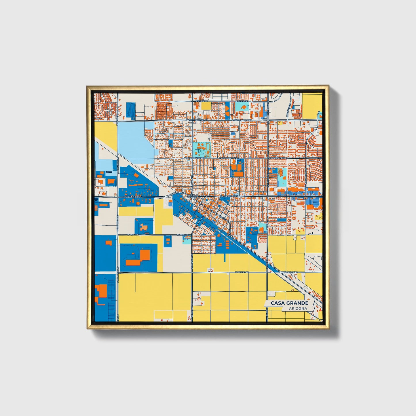 Casa Grande Arizona Colorful City Map Canvas Print • Gold Framed