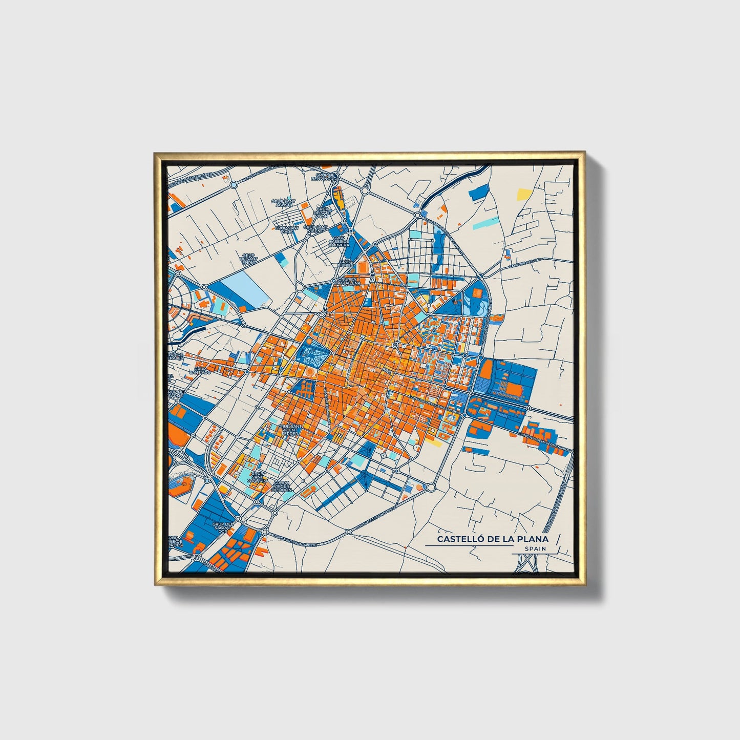 Castelló De La Plana Spain Colorful City Map Canvas Print • Gold Framed