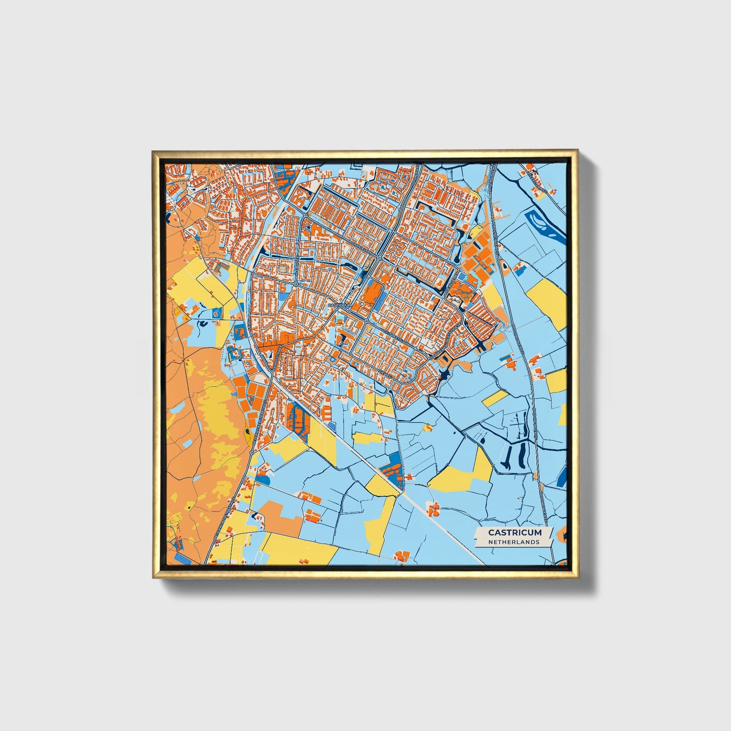 Castricum Netherlands Colorful City Map Canvas Print • Gold Framed