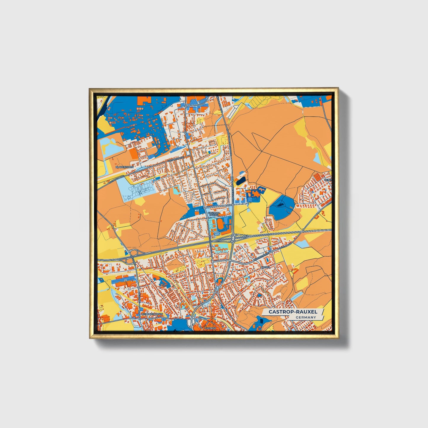 Castrop-Rauxel Germany Colorful City Map Canvas Print • Gold Framed