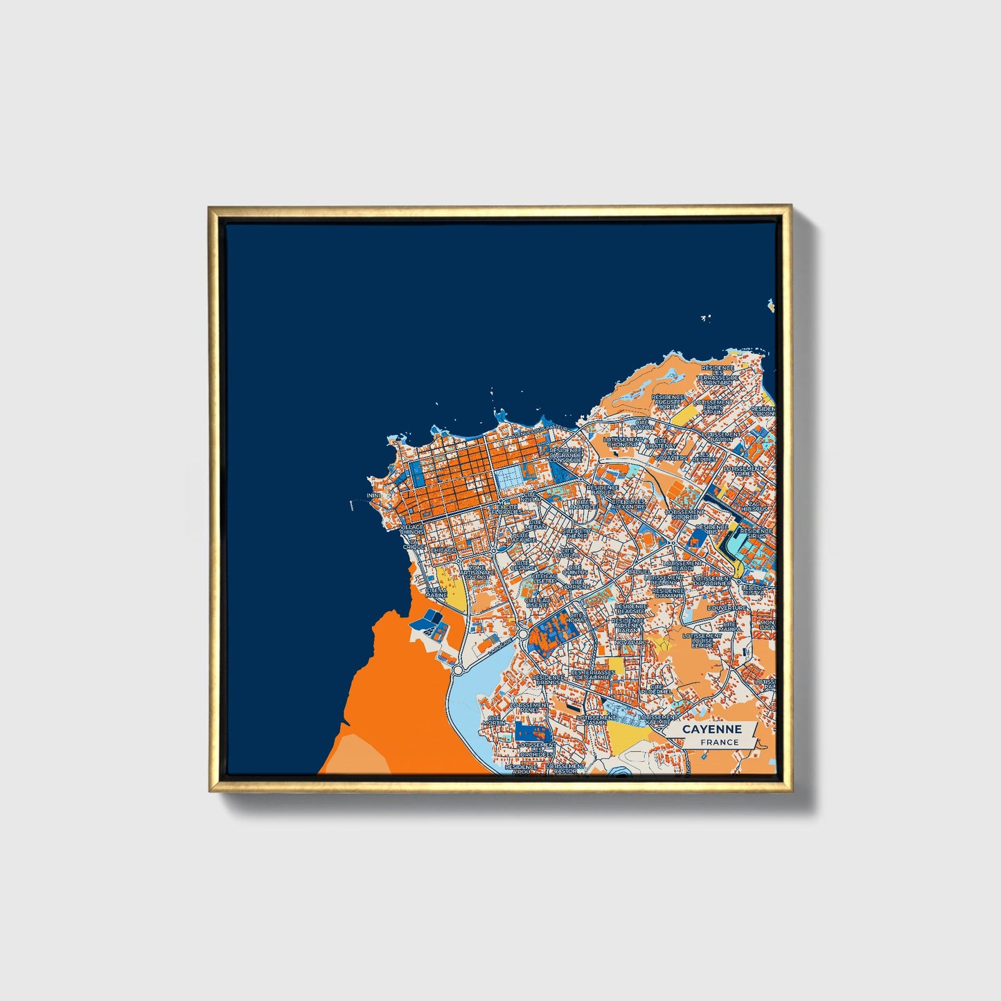 Cayenne France Colorful City Map Canvas Print • Gold Framed