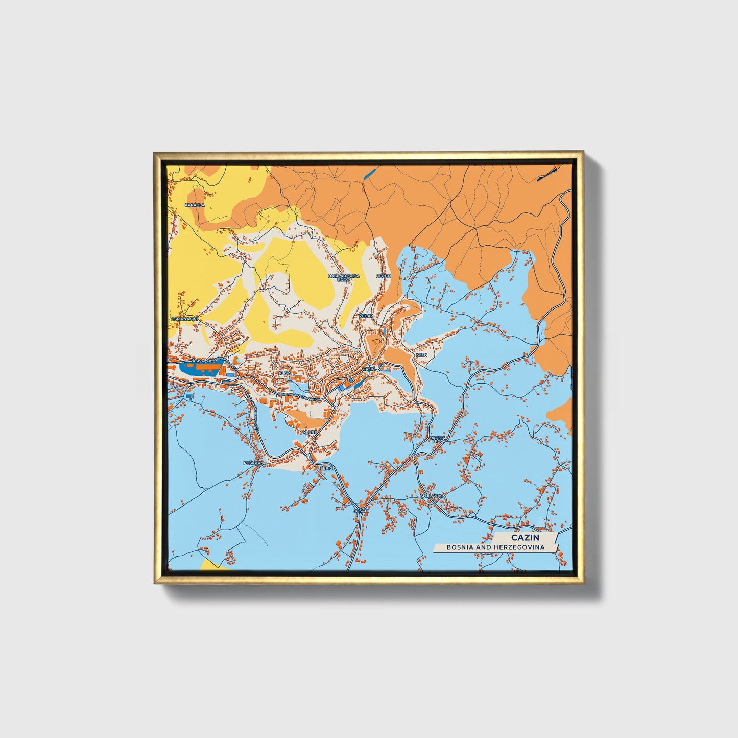 Cazin Bosnia And Herzegovina Colorful City Map Canvas Print • Gold Framed