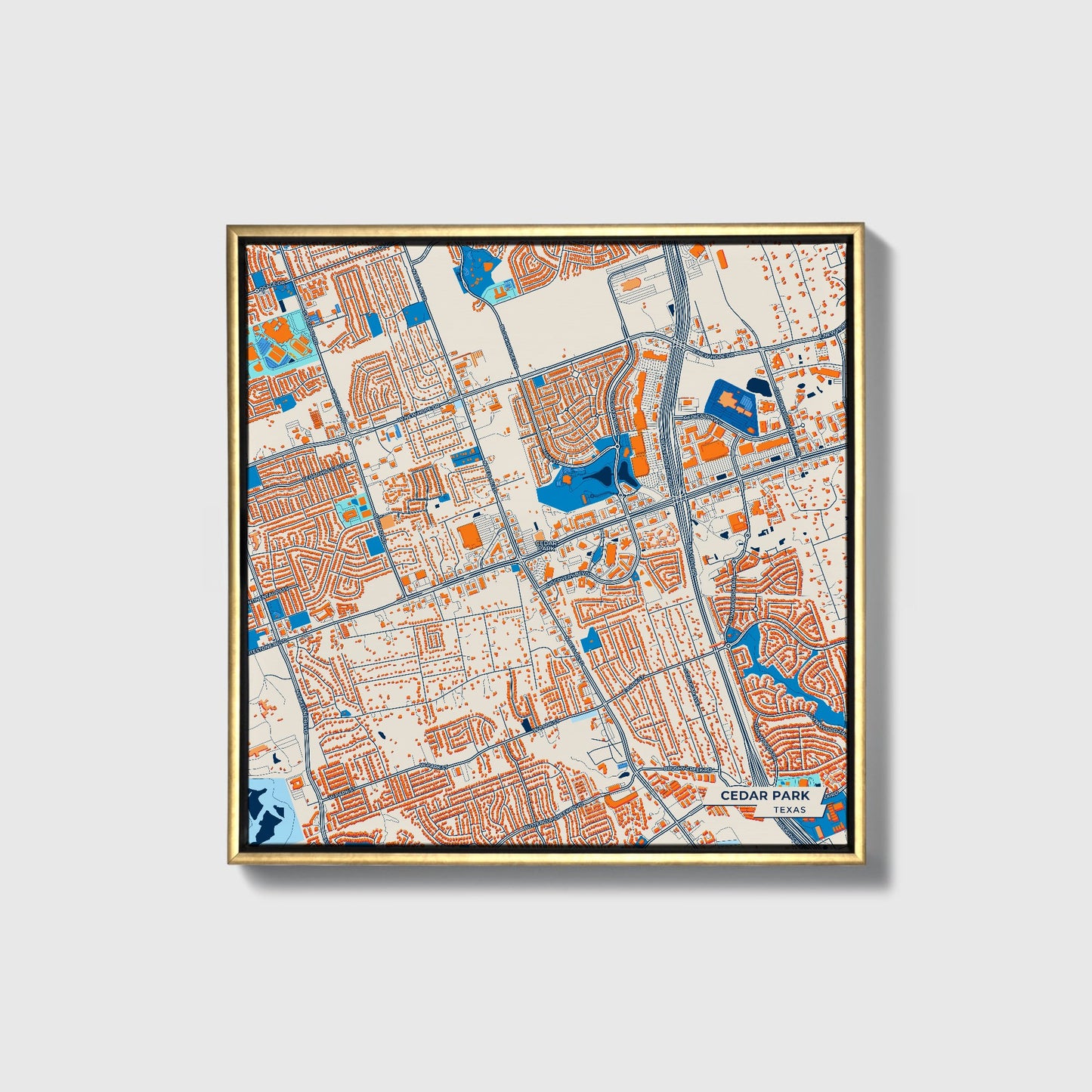 Cedar Park Texas Colorful City Map Canvas Print • Gold Framed