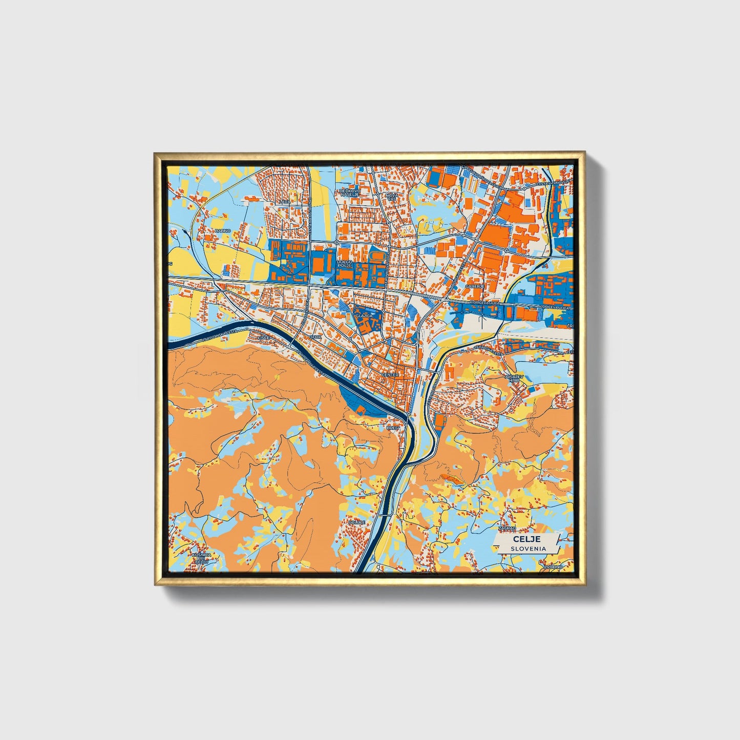Celje Slovenia Colorful City Map Canvas Print • Gold Framed