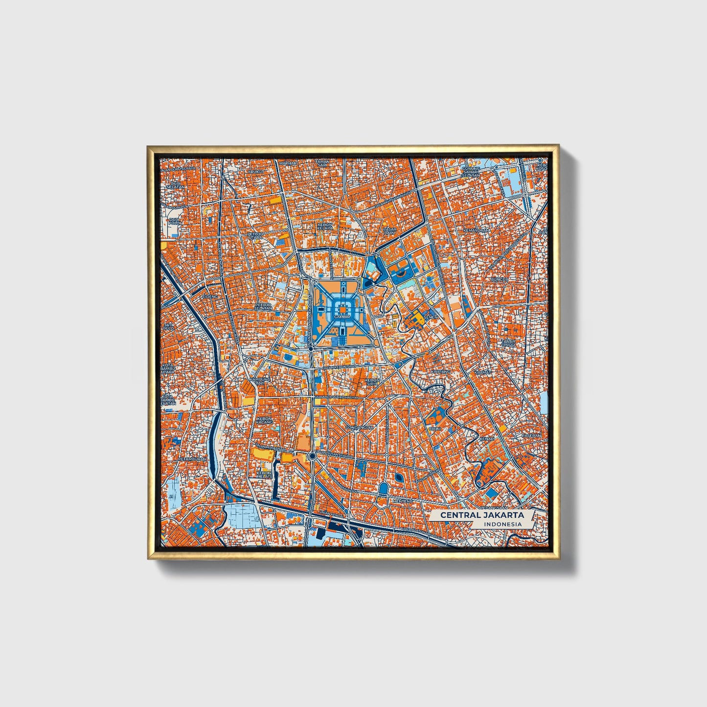 Central Jakarta Indonesia Colorful City Map Canvas Print • Gold Framed